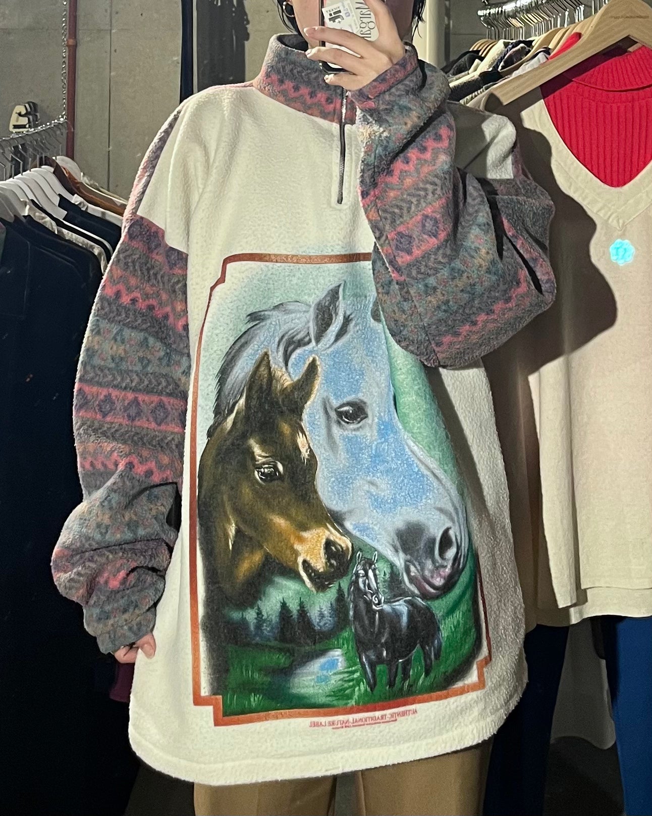 90s Patterned Fleece Zip-Up Pullover