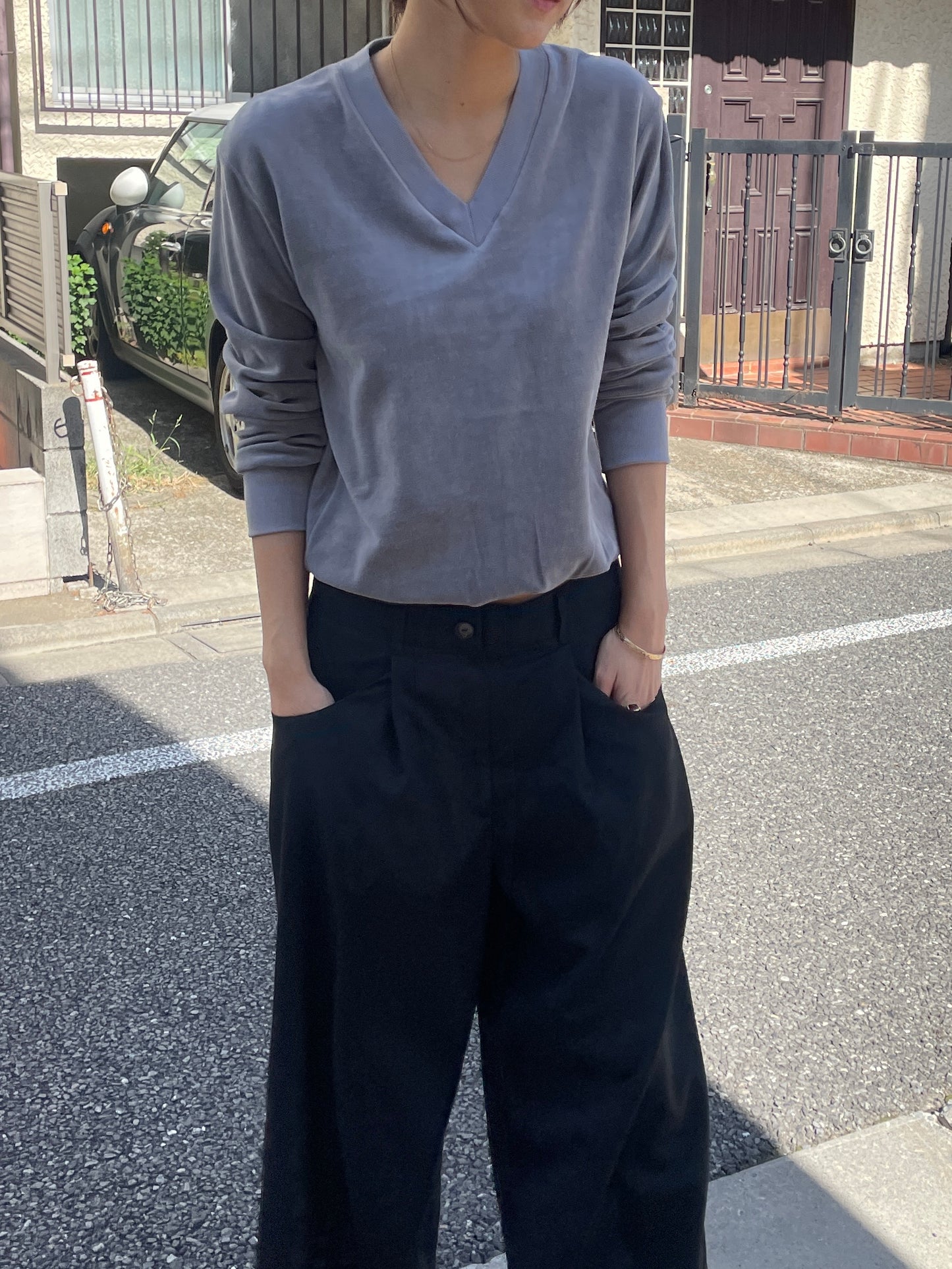 Cotton Velour V-neck Top - Grey