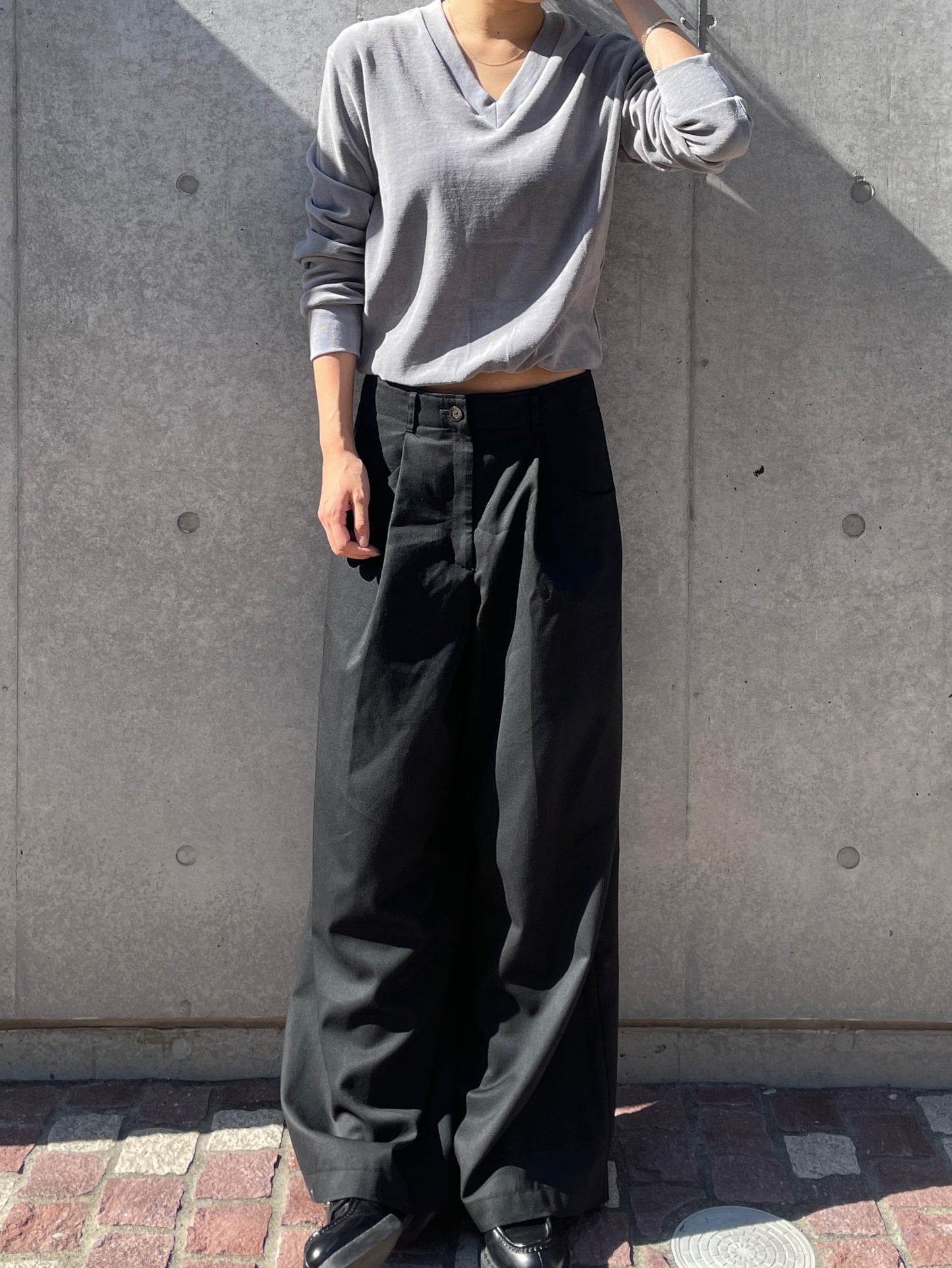 Cotton Velour V-neck Top - Grey