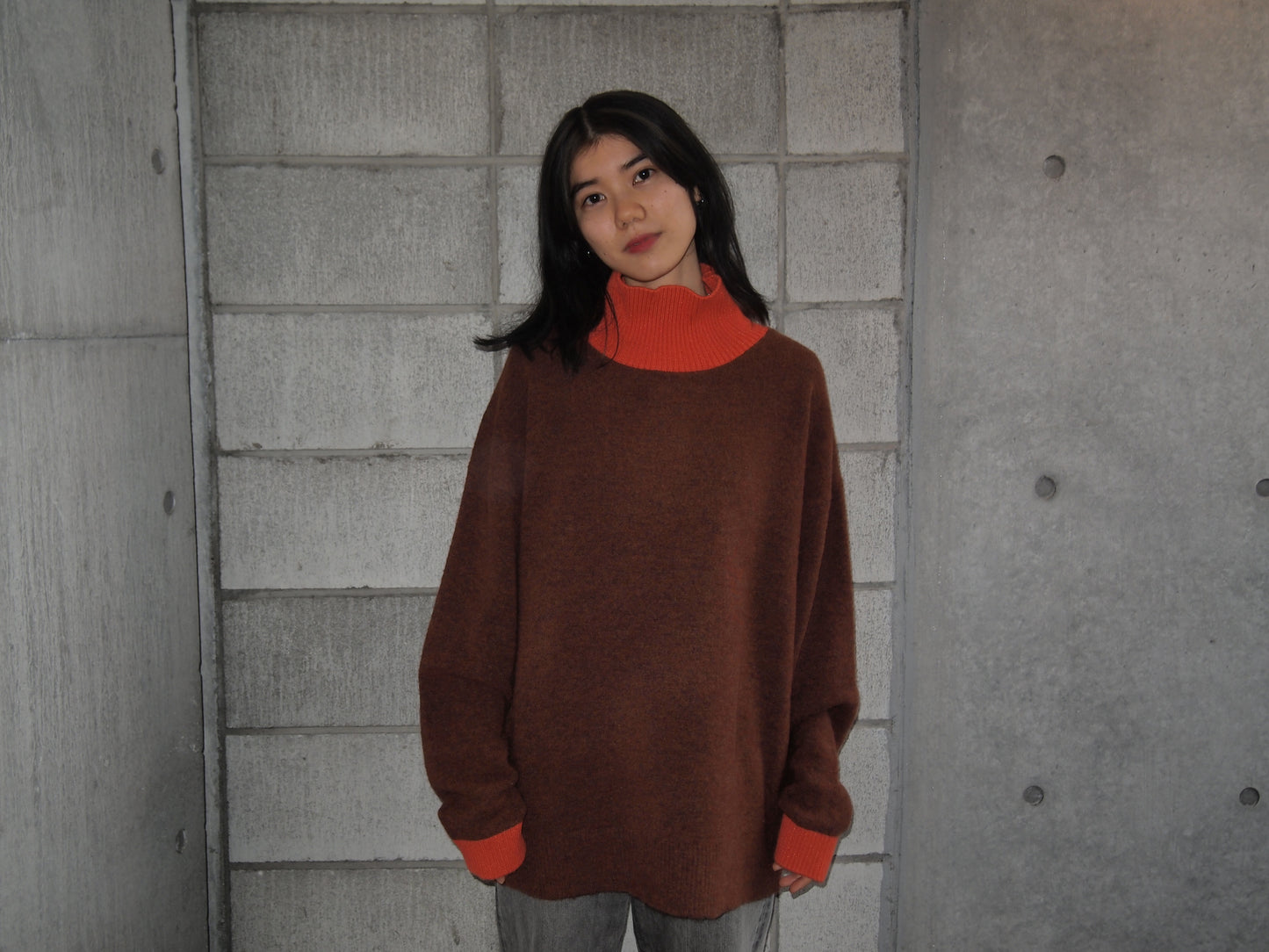 404 High Neck Bicolor Sweater by RYE TENDER - Brown×Orange