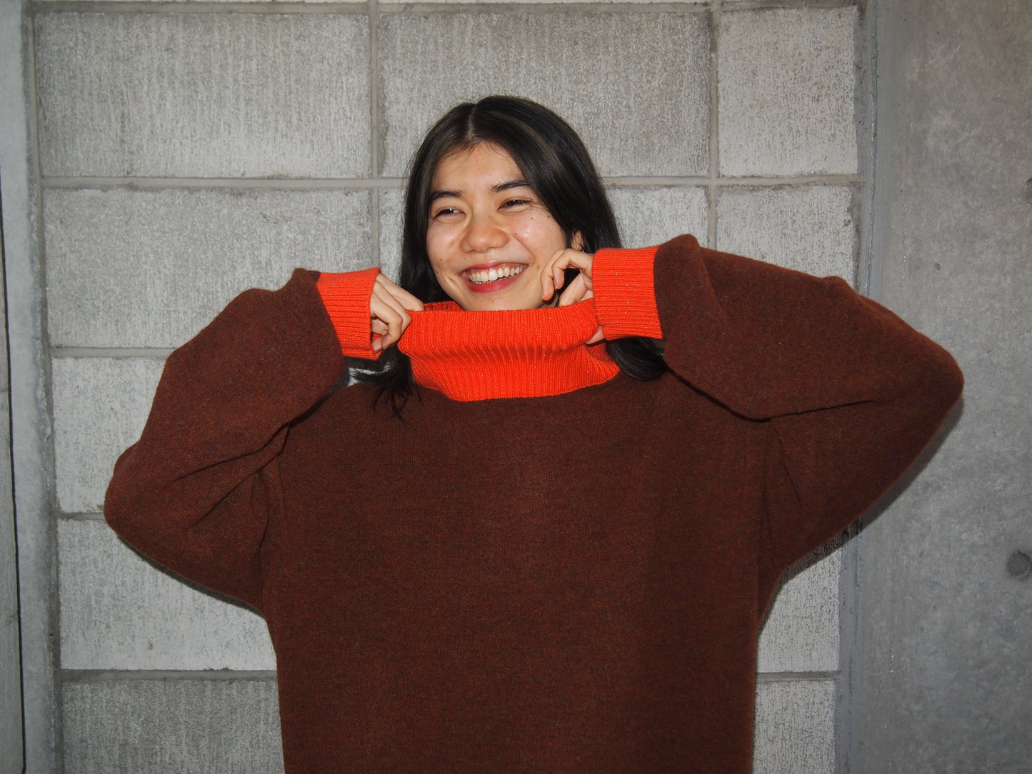 404 High Neck Bicolor Sweater by RYE TENDER - Brown×Orange