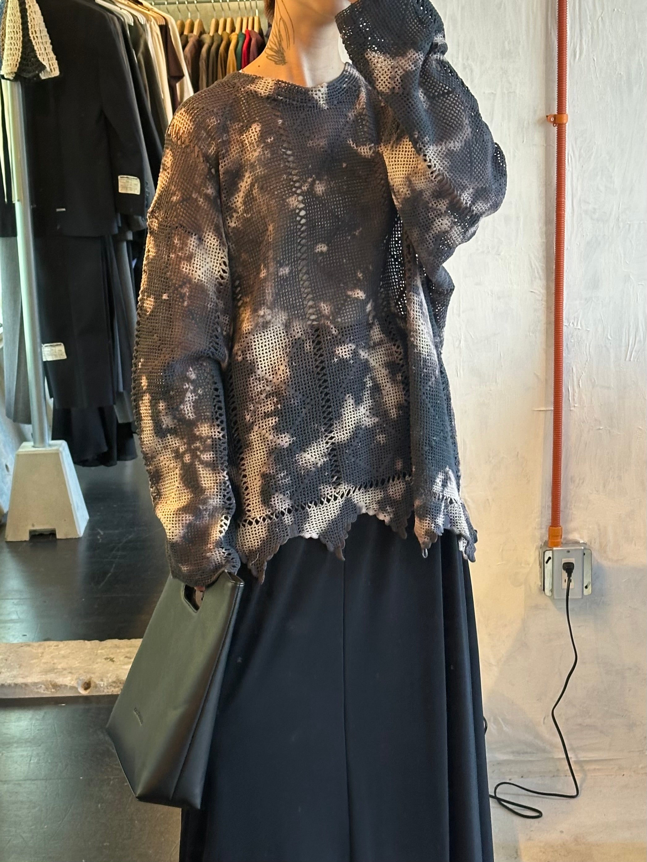 Bleach Dyed Openwork Knit Top with Jagged Hem
