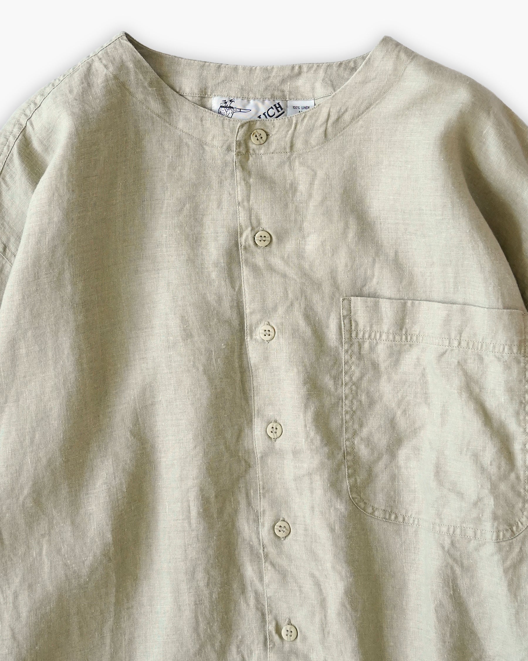 "GOOUCH" 100% Linen Collarless L/S Shirt - Beige