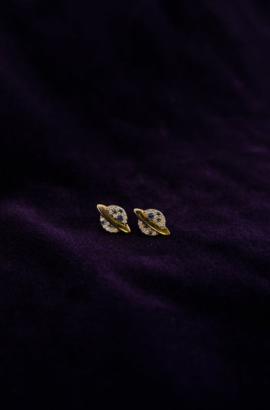 14k Yellow Gold 25ct Cz Diamond  Blue Sapphire Planet Saturn Earrings