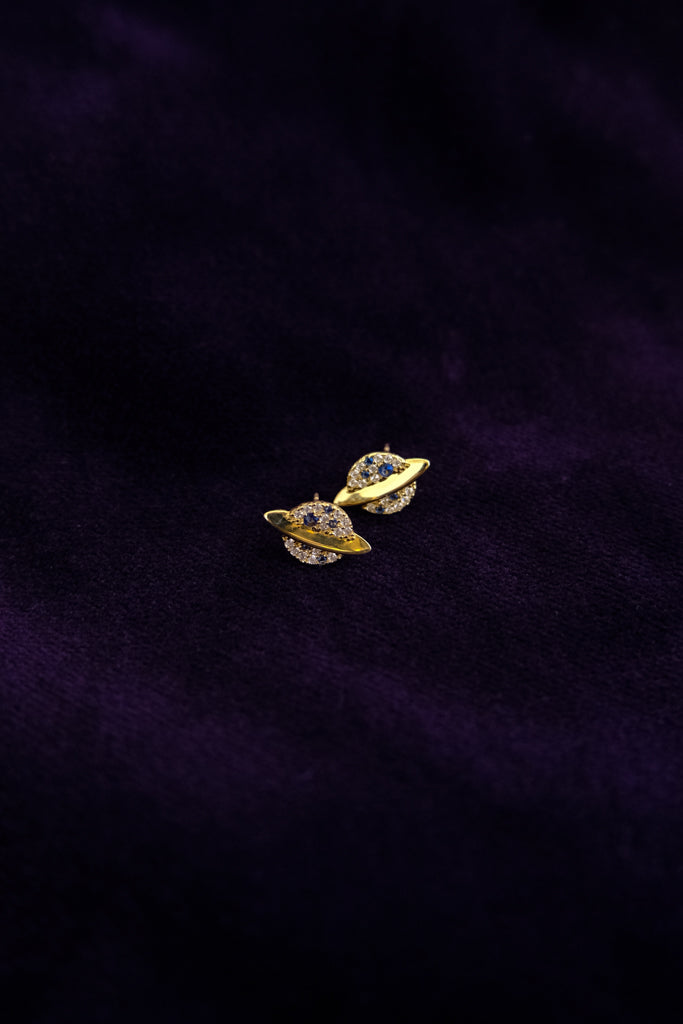 14k Yellow Gold 25ct Cz Diamond  Blue Sapphire Planet Saturn Earrings