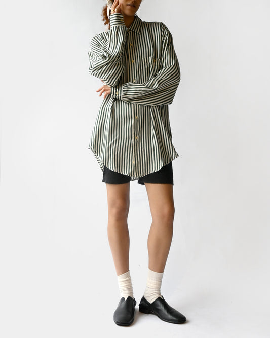 100% Silk Striped L/S Shirt - Green