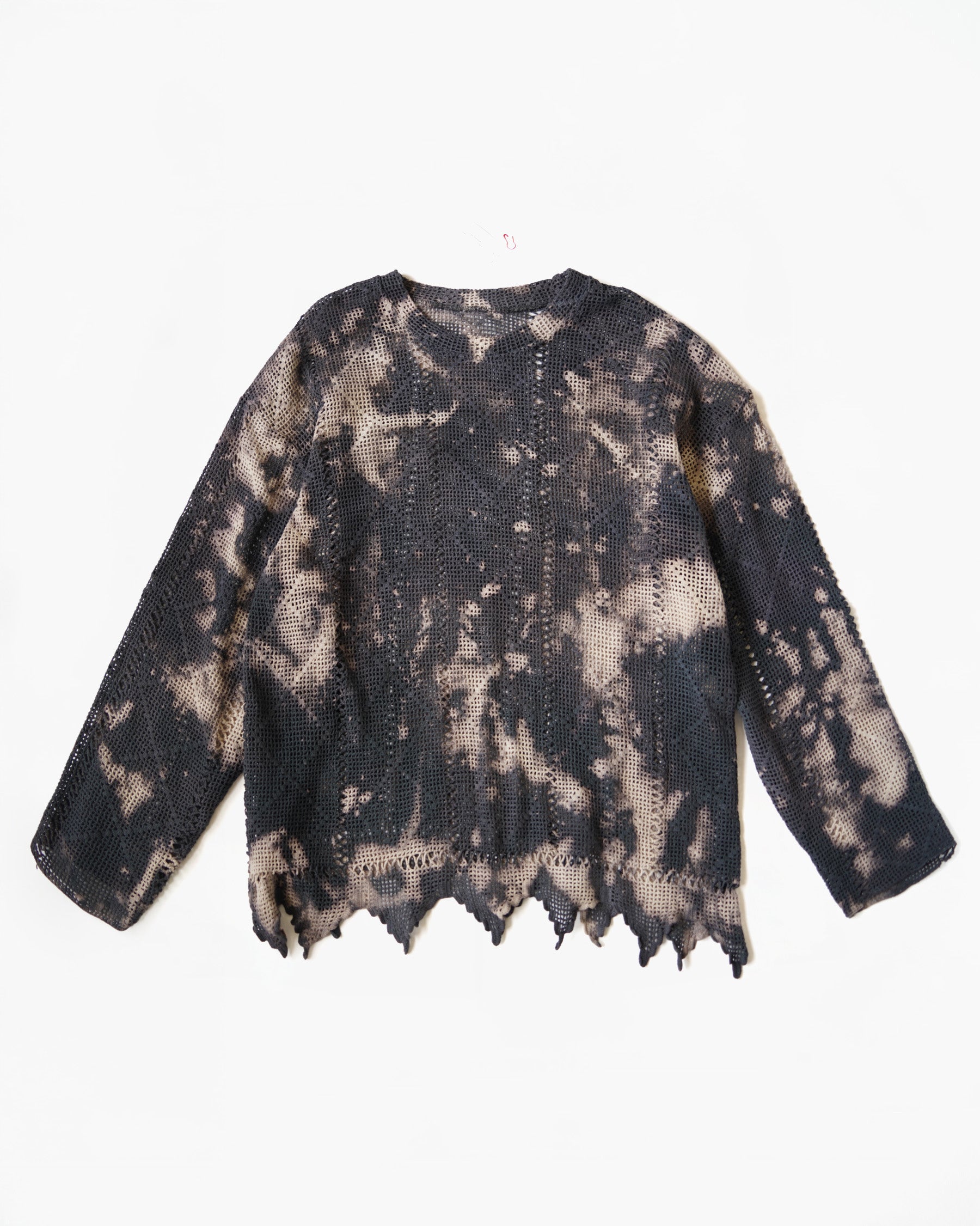 Bleach Dyed Openwork Knit Top with Jagged Hem