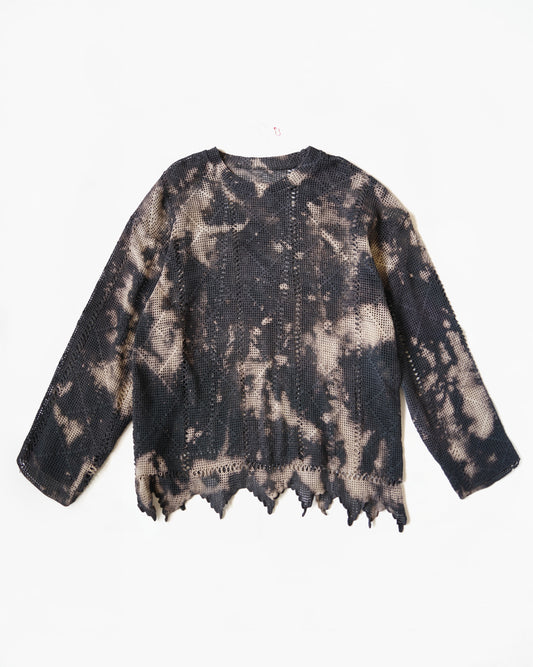 Bleach Dyed Openwork Knit Top with Jagged Hem