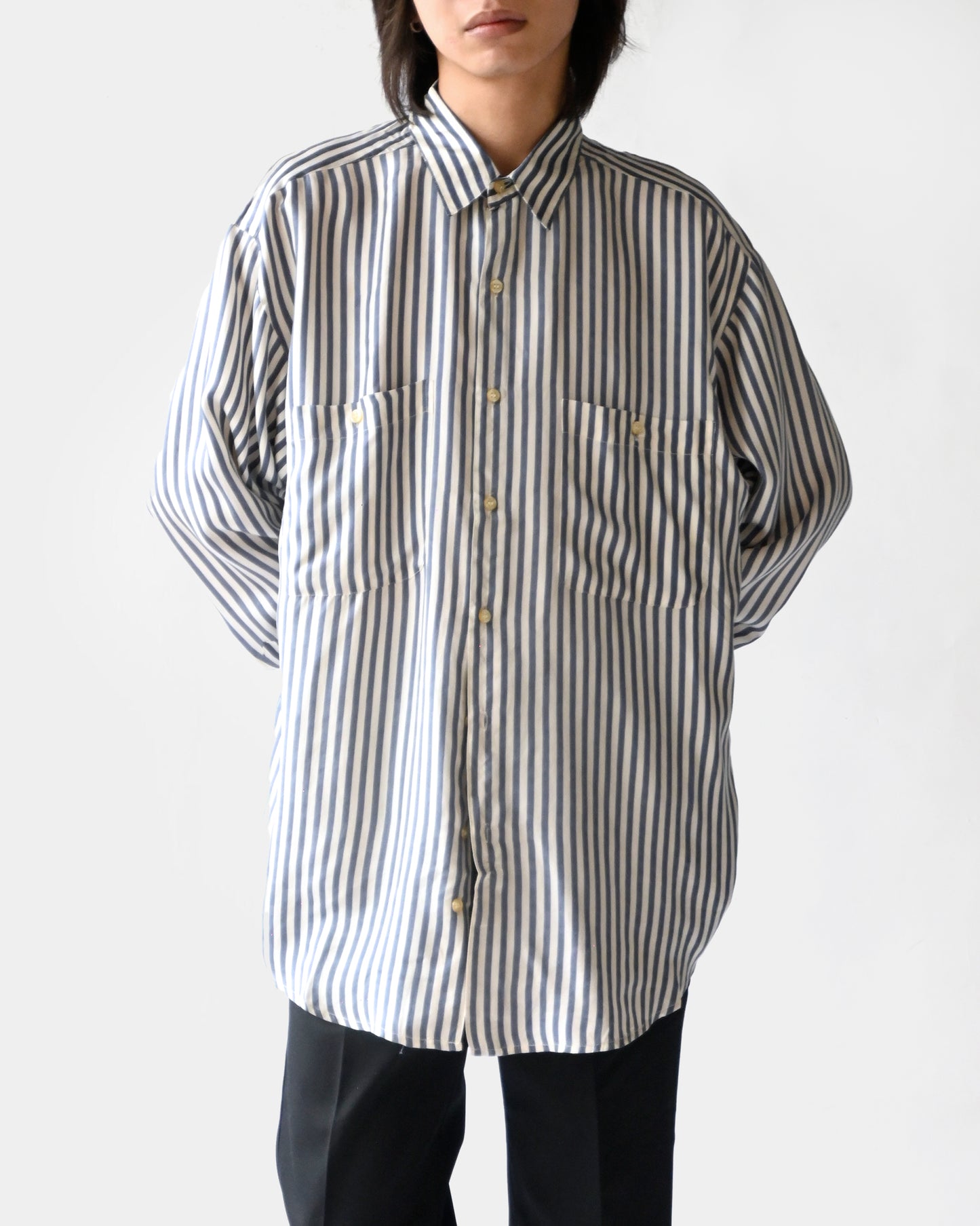 100% Silk Striped L/S Shirt - Blue