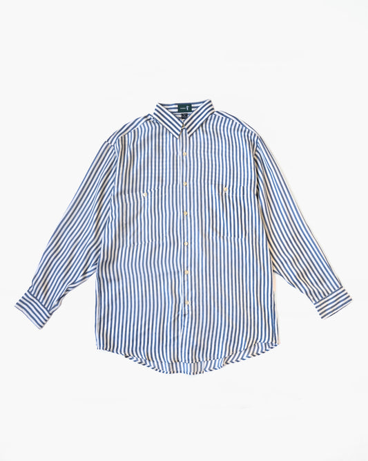 100% Silk Striped L/S Shirt - Blue