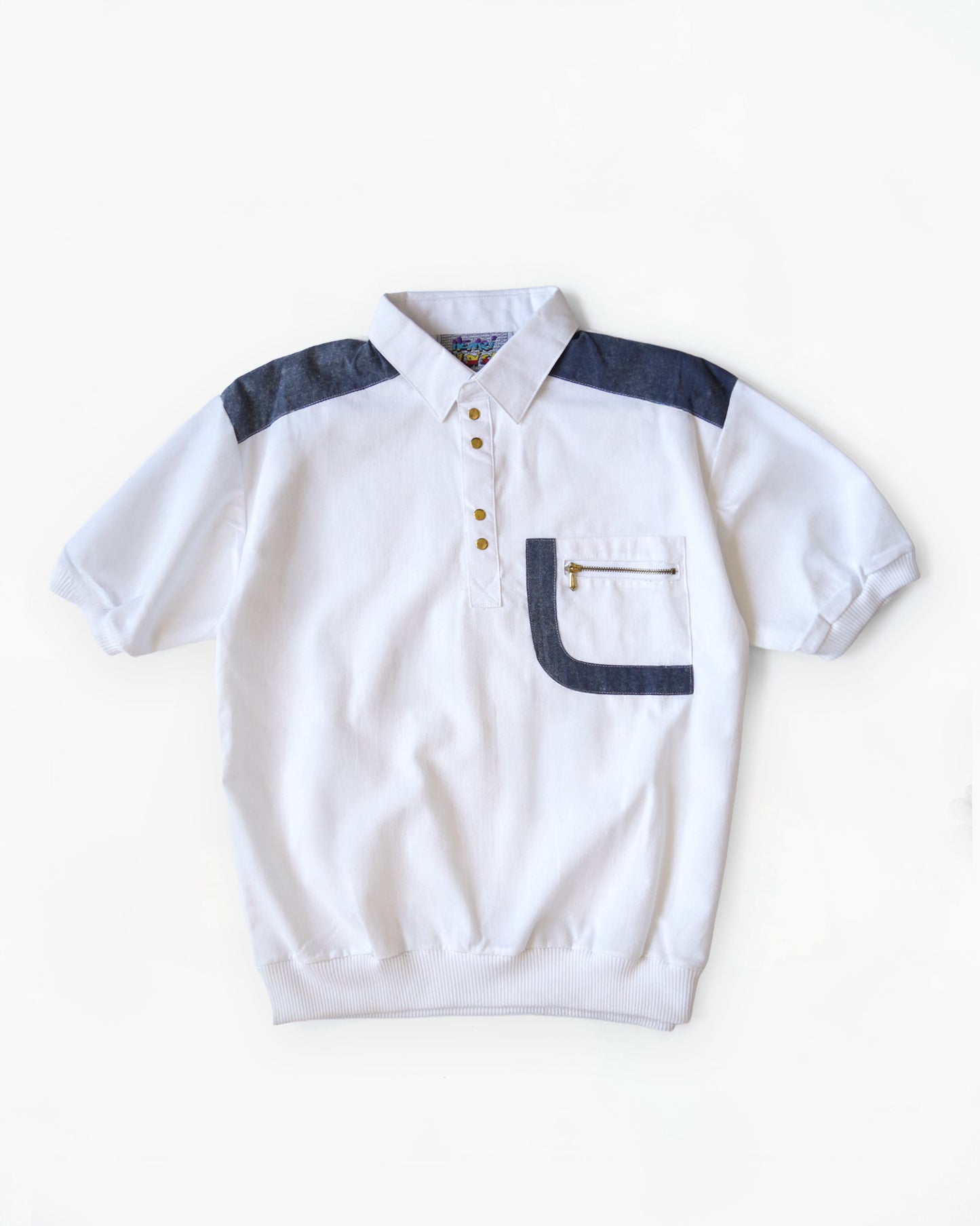 1970's White Polo Shirt with Denim Accents