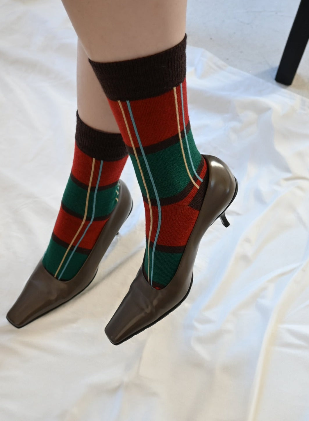Wool Plaid Socks - Brown