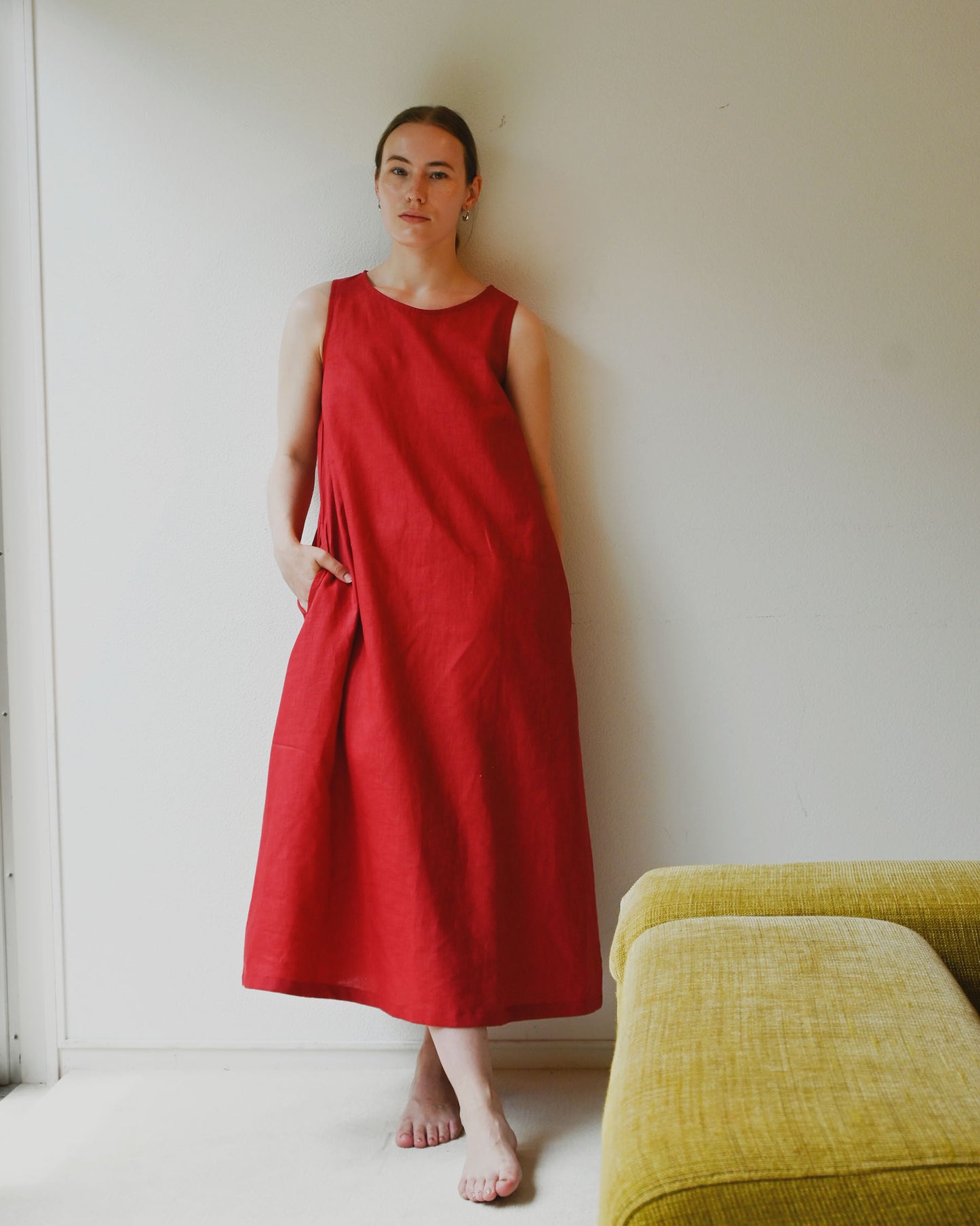 404 Linen Crew Neck Long Dress - Red