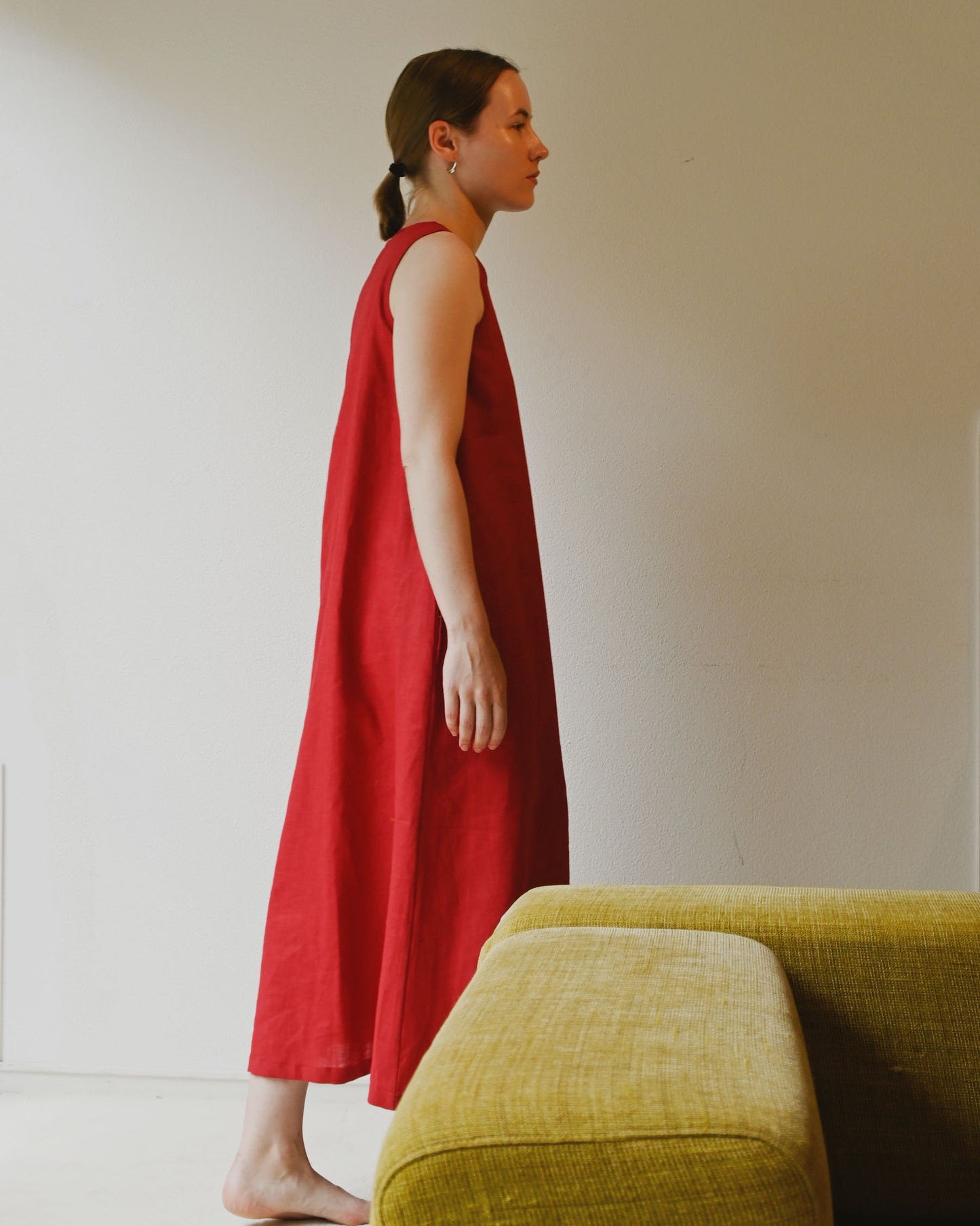 404 Linen Crew Neck Long Dress - Red