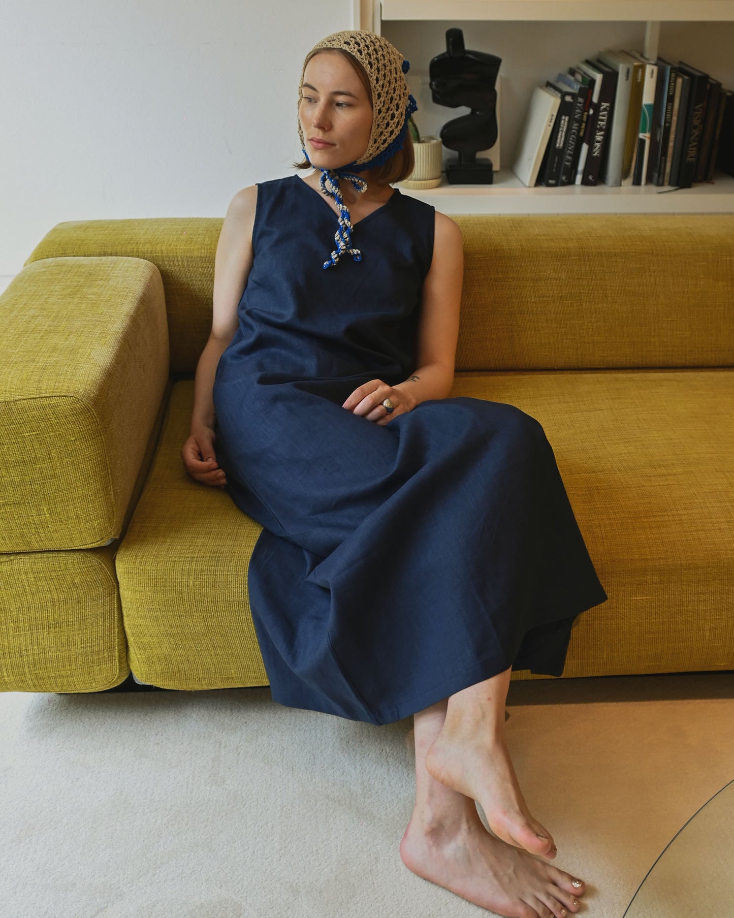 404 Linen V-neck Long Dress - Navy