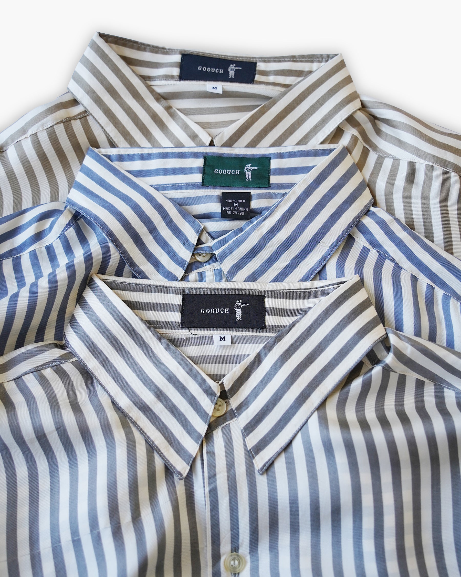 "GOOUCH" 100% Silk Striped L/S Shirts - Blue