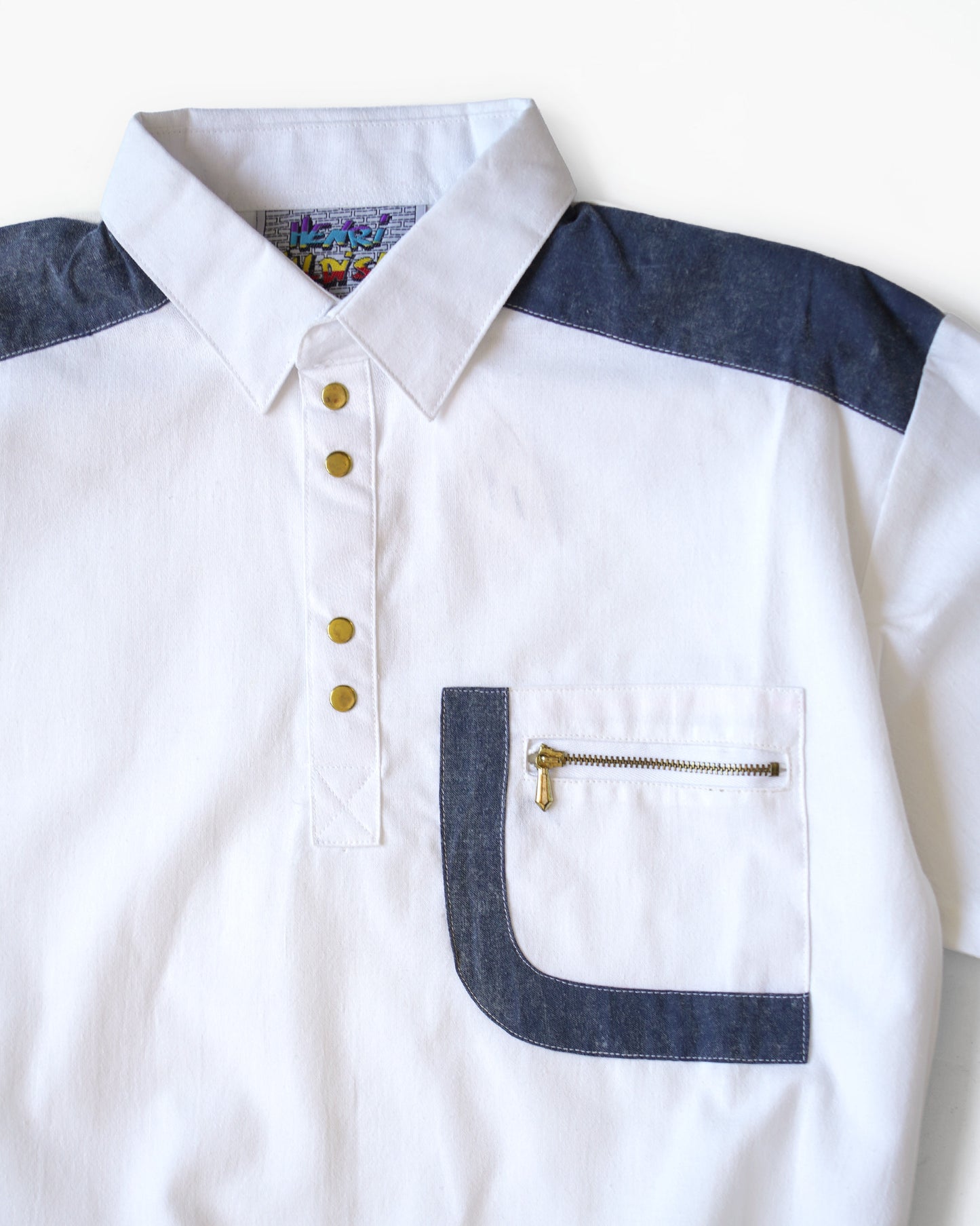 1970's White Polo Shirt with Denim Accents