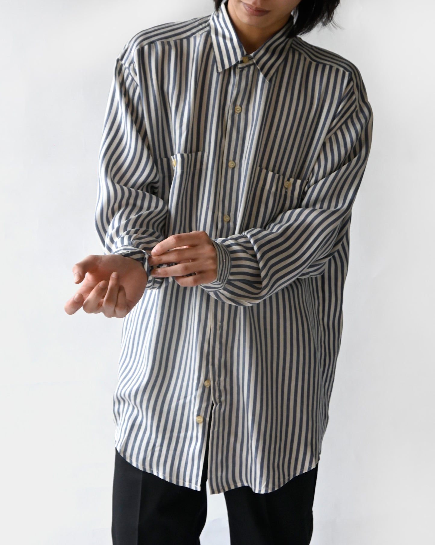 100% Silk Striped L/S Shirt - Blue