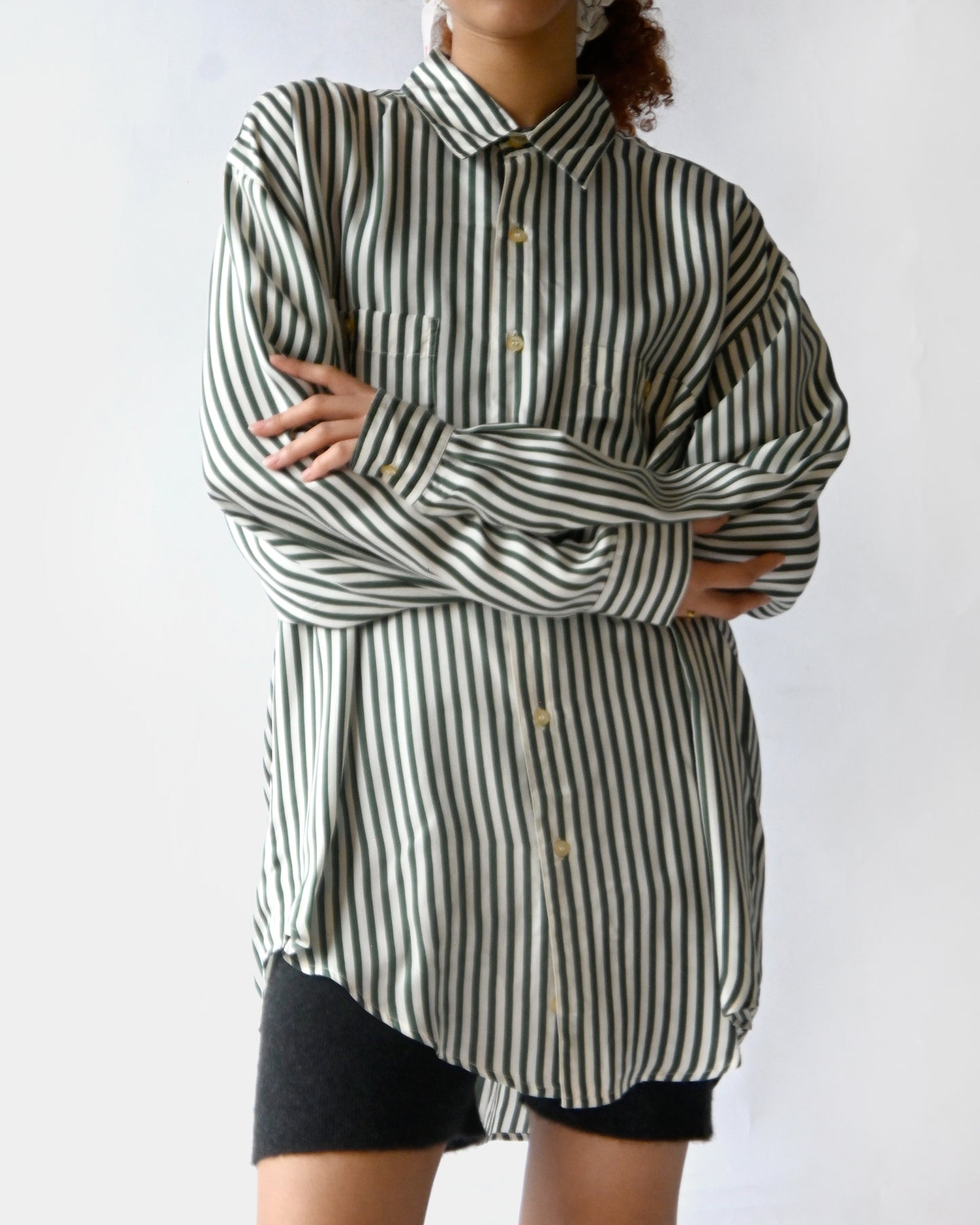 100% Silk Striped L/S Shirt - Green