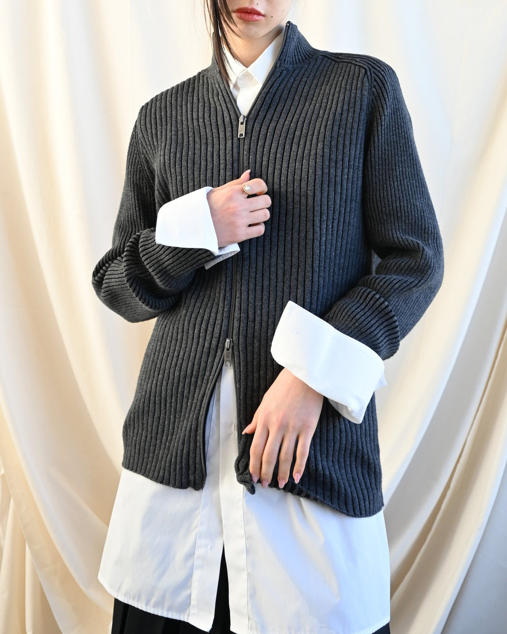 Ribbed Zip-Up Gray Sweater - DKNY