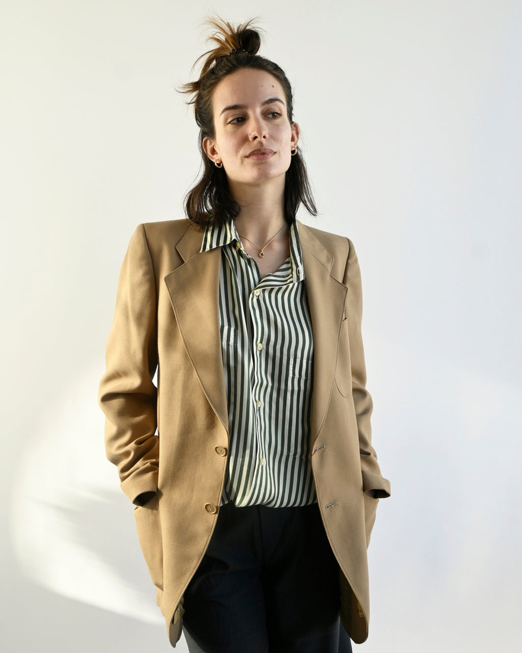 100% Silk Striped L/S Shirt - Green