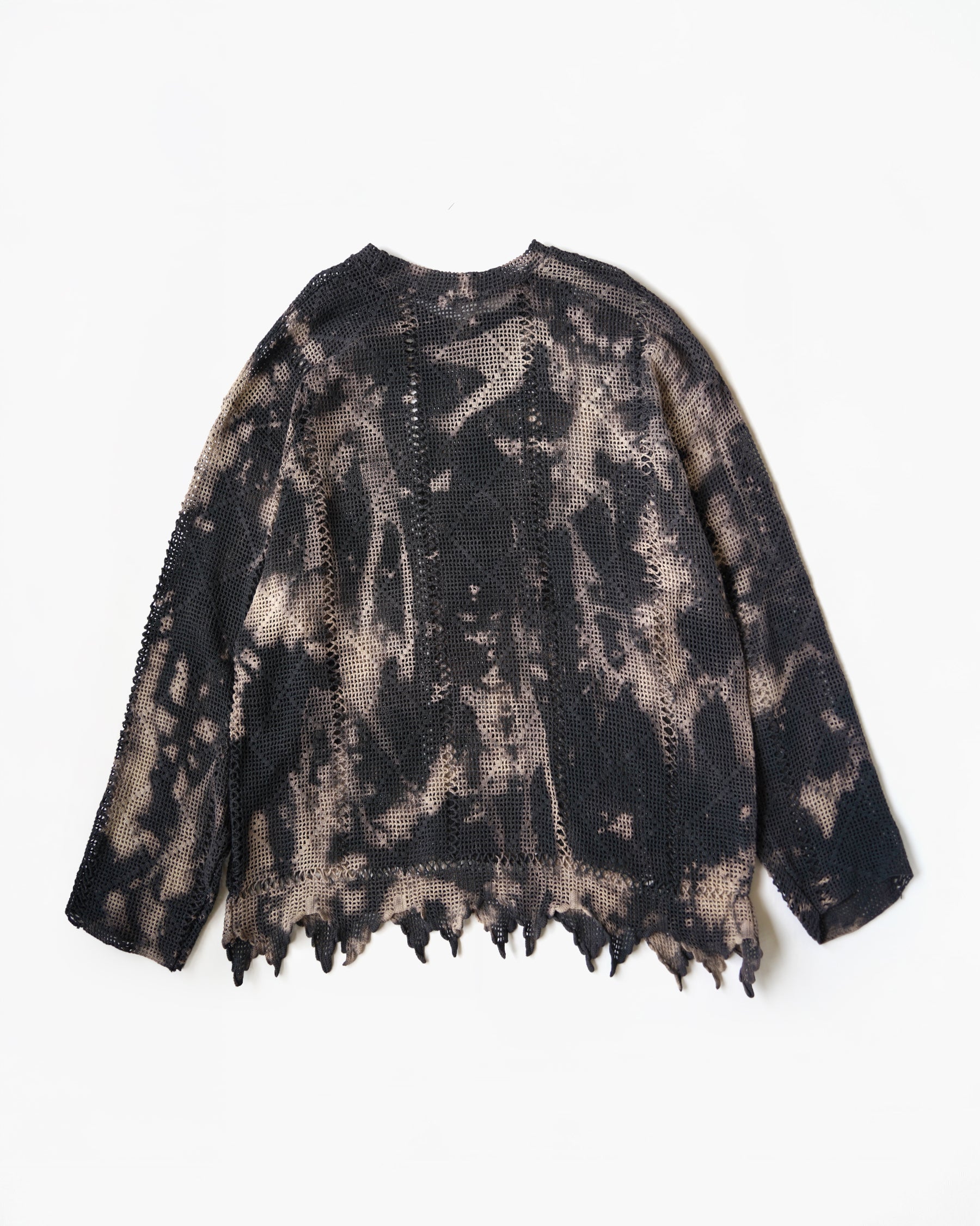 Bleach Dyed Openwork Knit Top with Jagged Hem