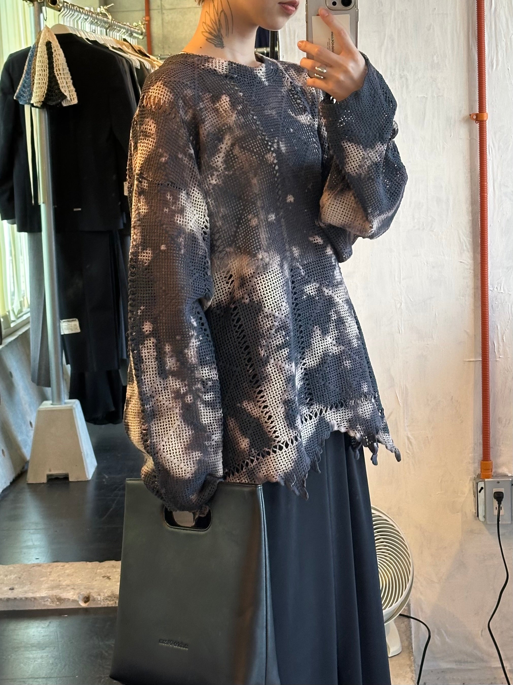 Bleach Dyed Openwork Knit Top with Jagged Hem