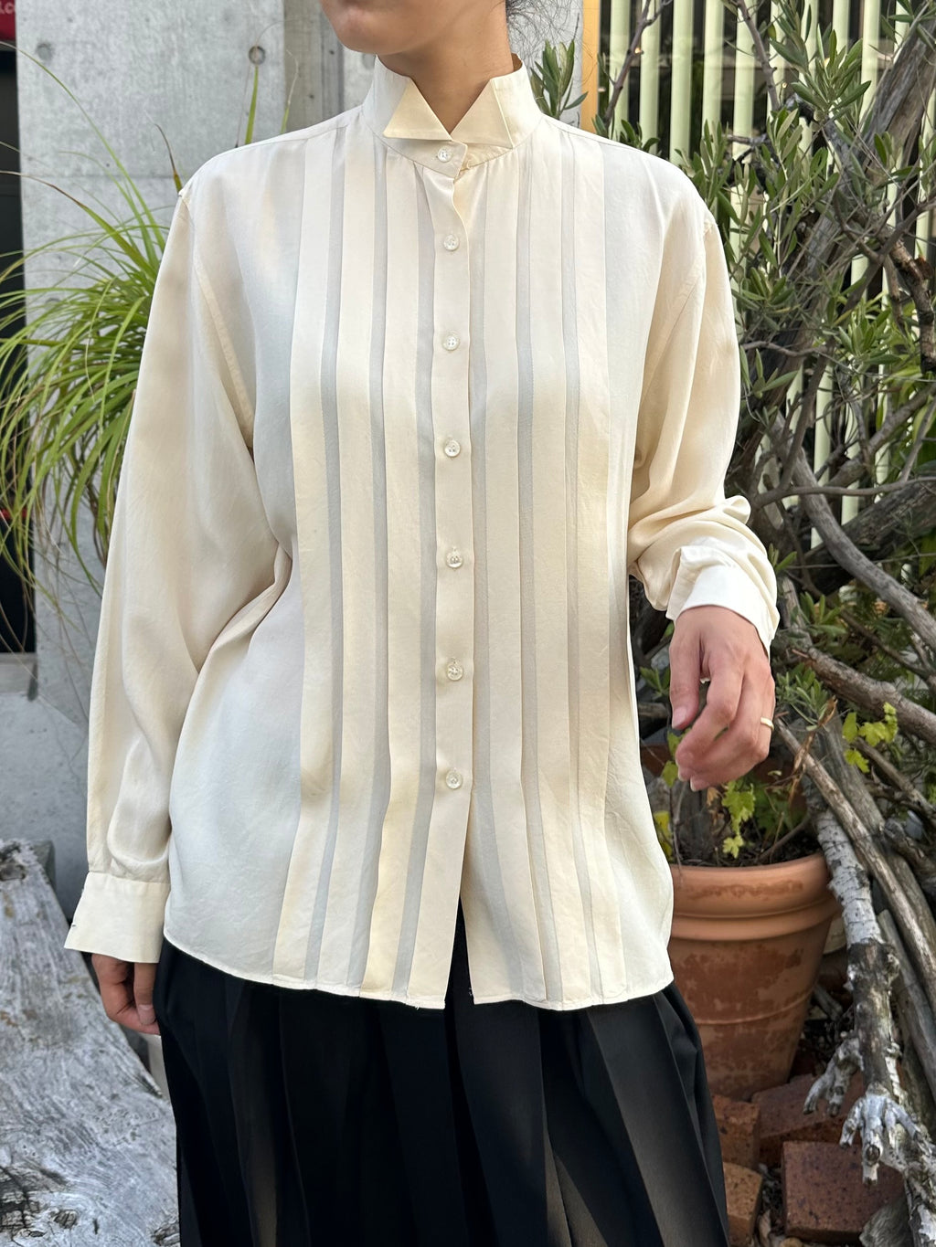 Pintuck Blouse with Stand Collar