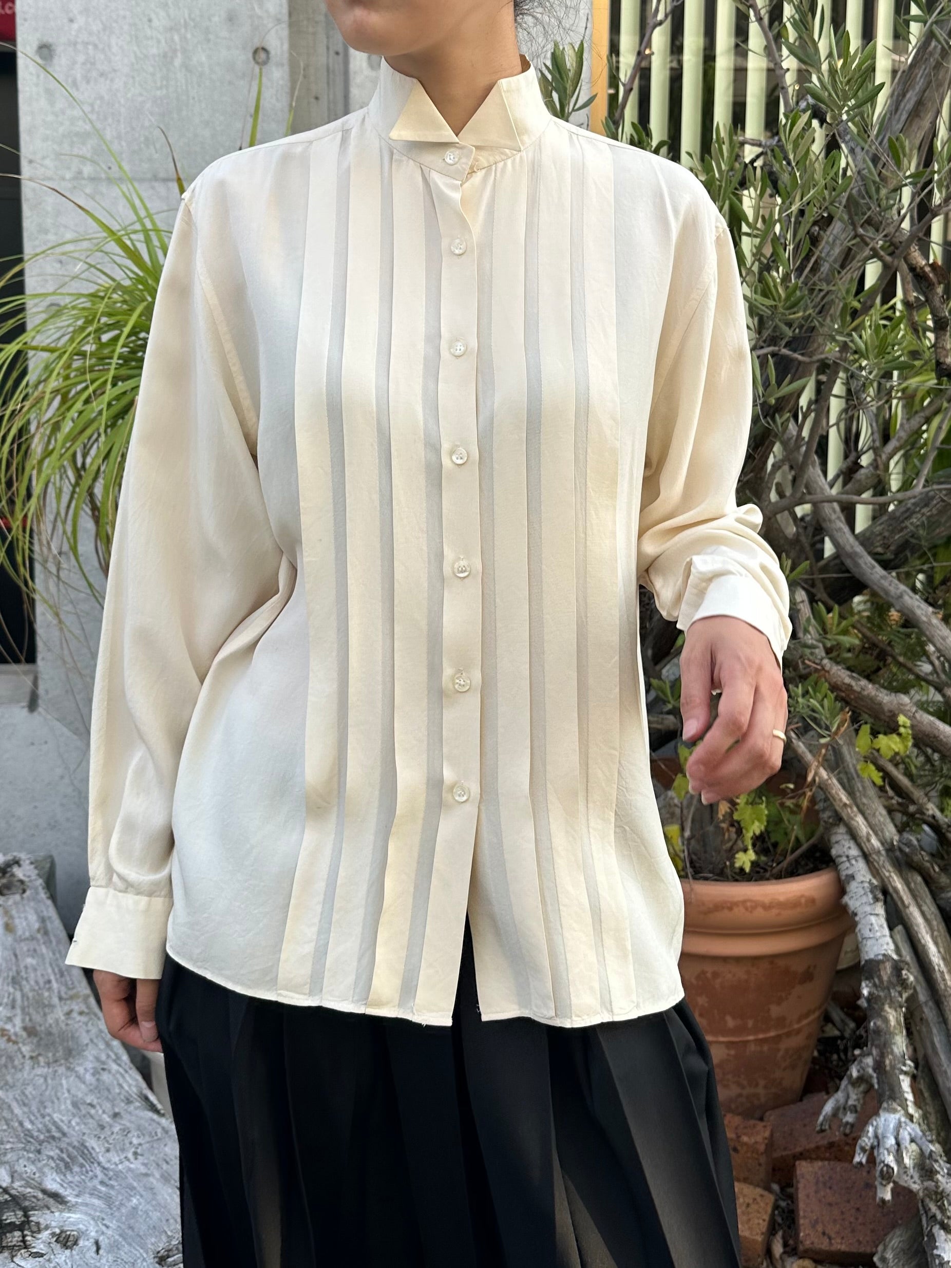Pintuck Blouse with Stand Collar
