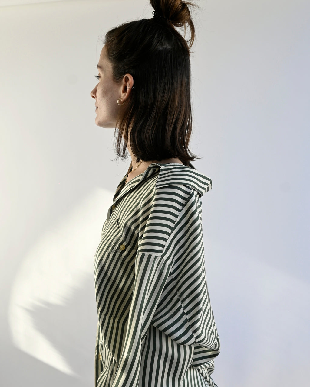 100% Silk Striped L/S Shirt - Green