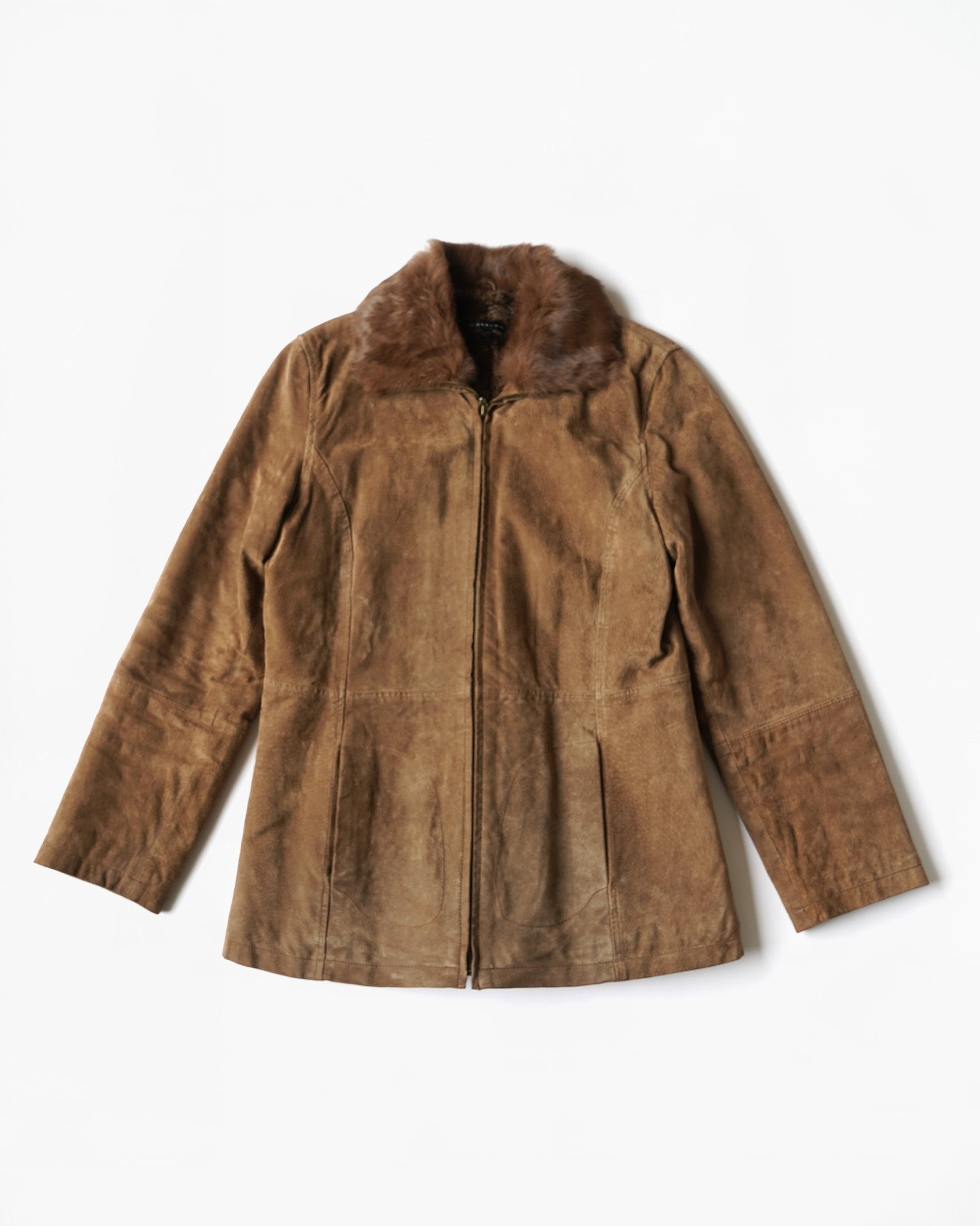 Brown Suede Leather Jacket with Faux Fur Collar