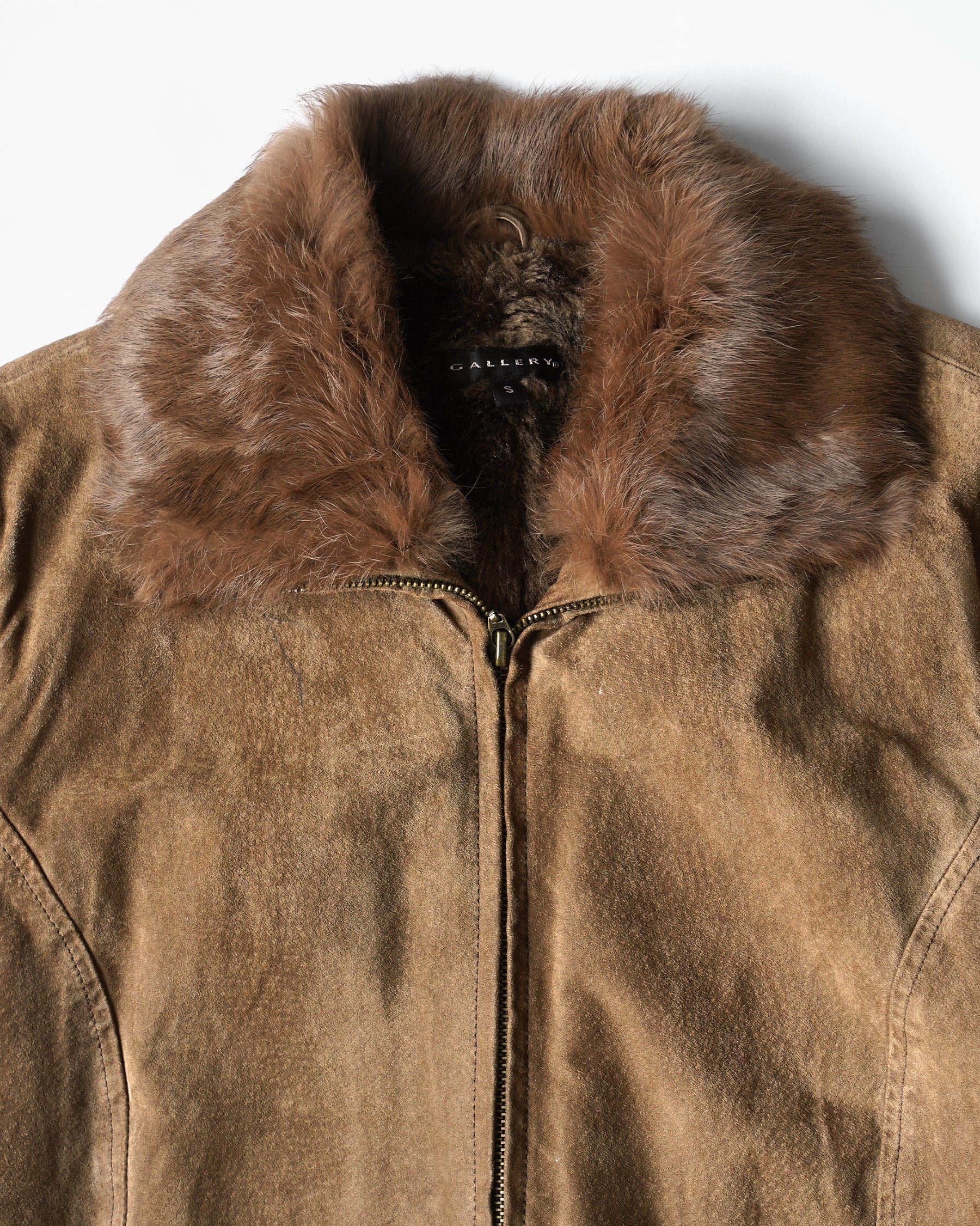 Brown Suede Leather Jacket with Faux Fur Collar