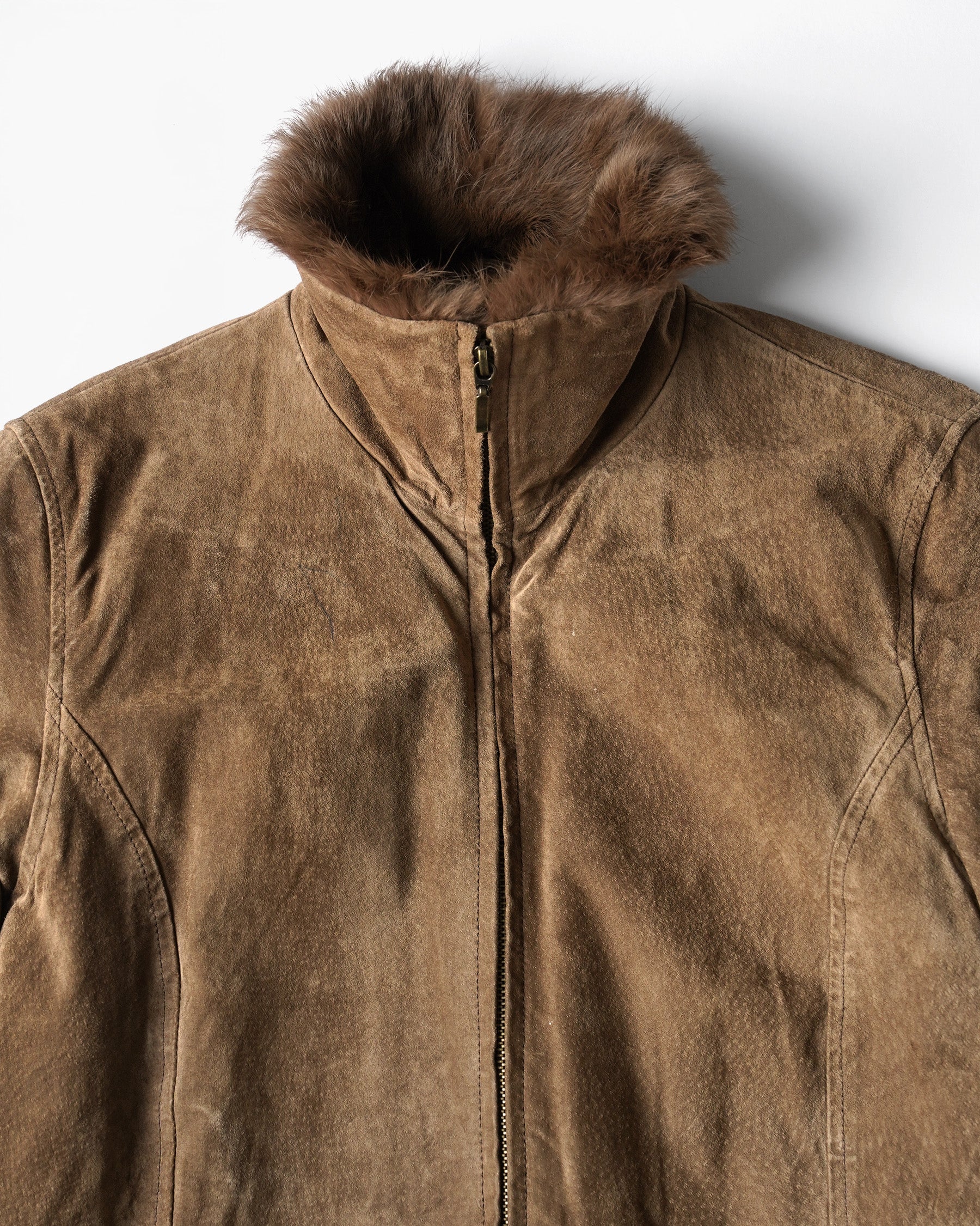 Brown Suede Leather Jacket with Faux Fur Collar