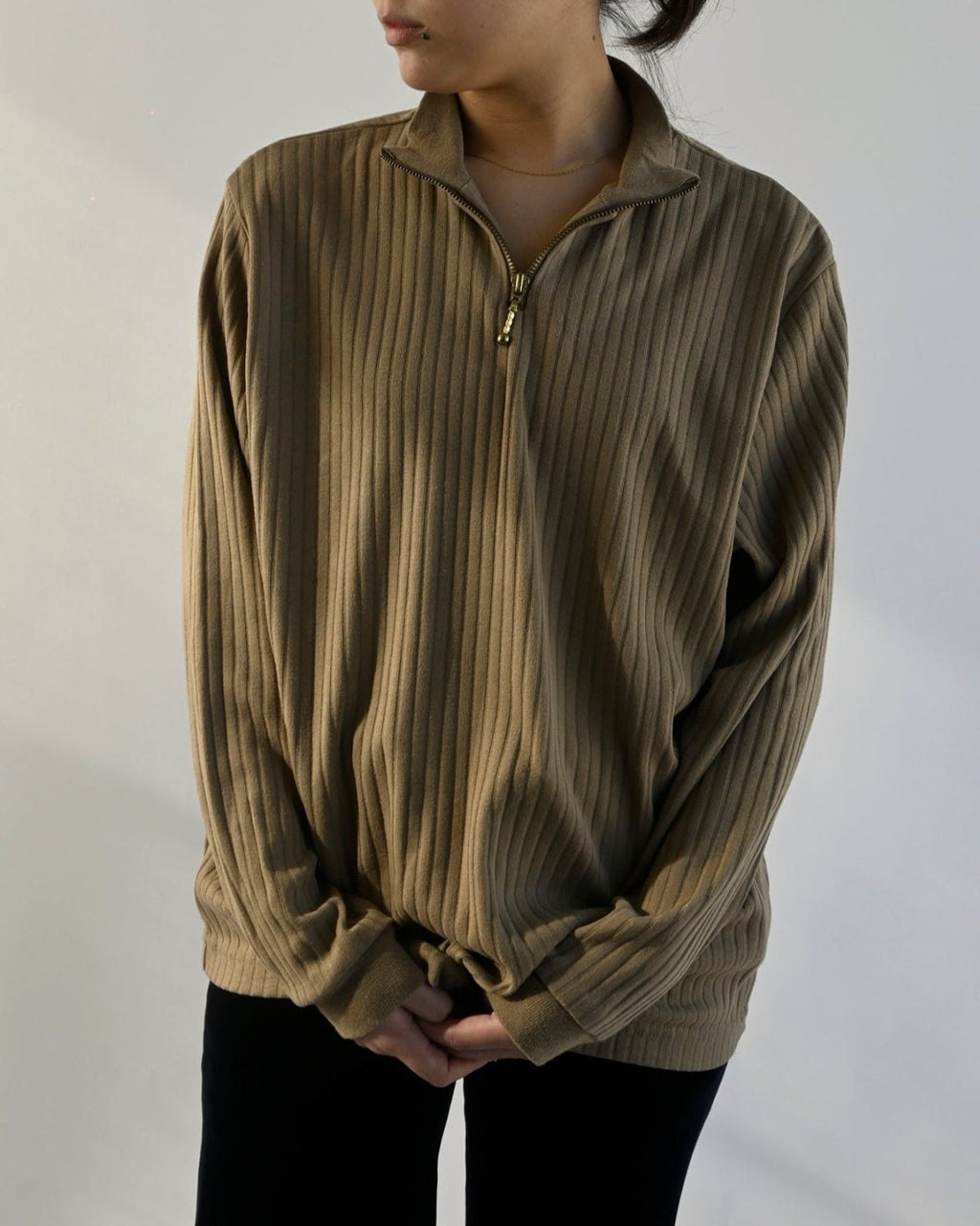 Zip-up Rib Top - Beige