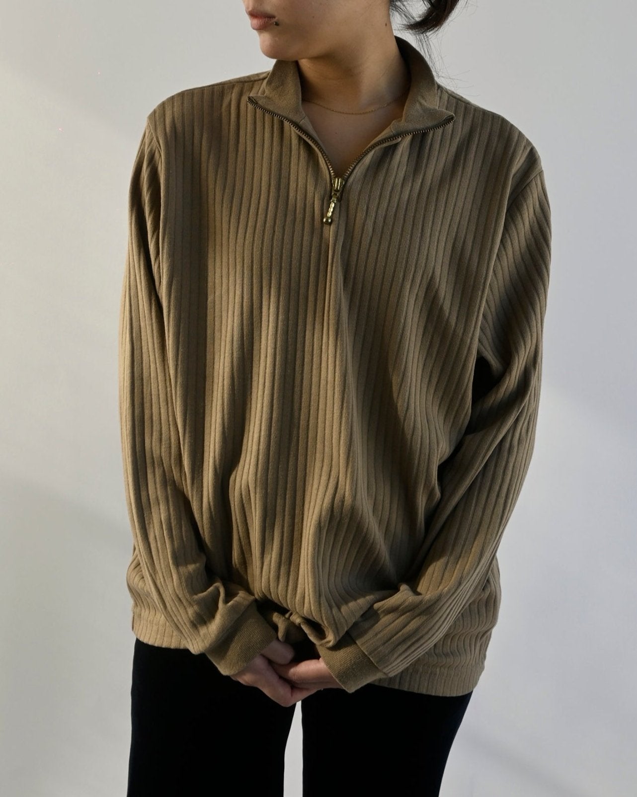 Zip-up Rib Top - Beige