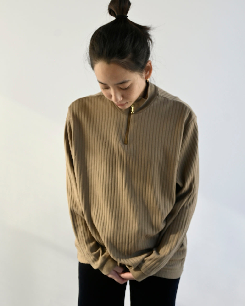 Zip-up Rib Top - Beige