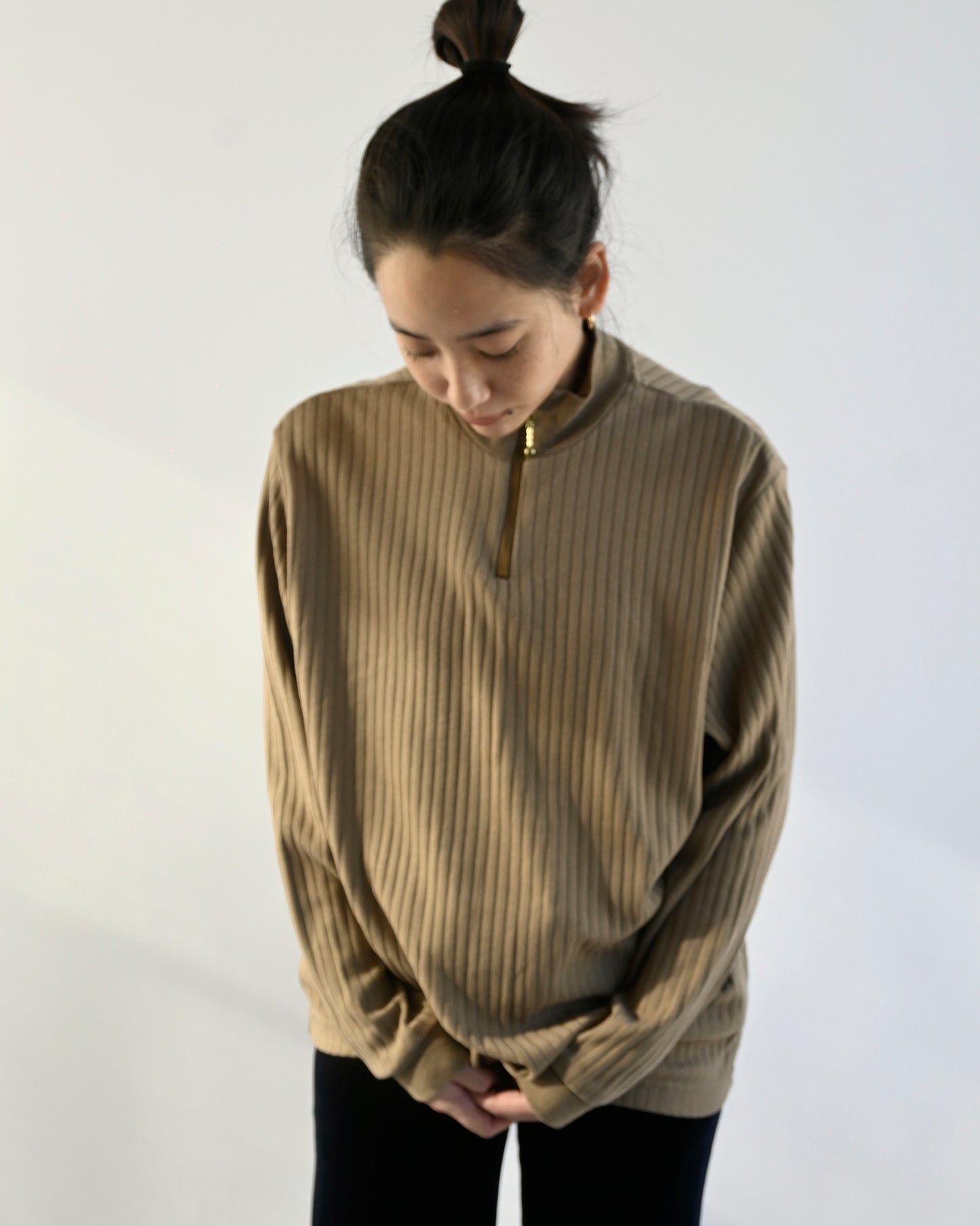 Zip-up Rib Knit Top - Beige