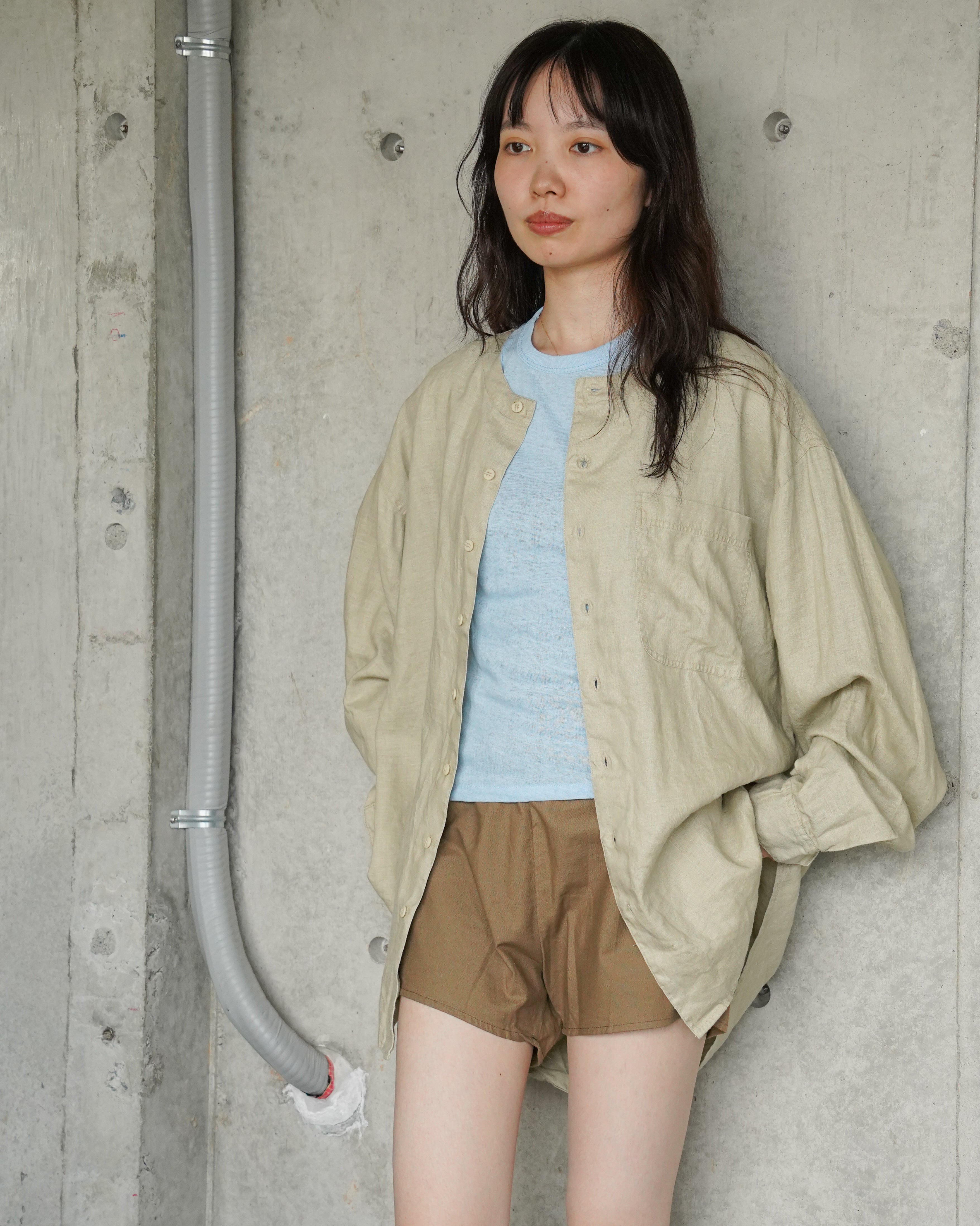 "GOOUCH" 100% Linen Collarless L/S Shirt - Beige