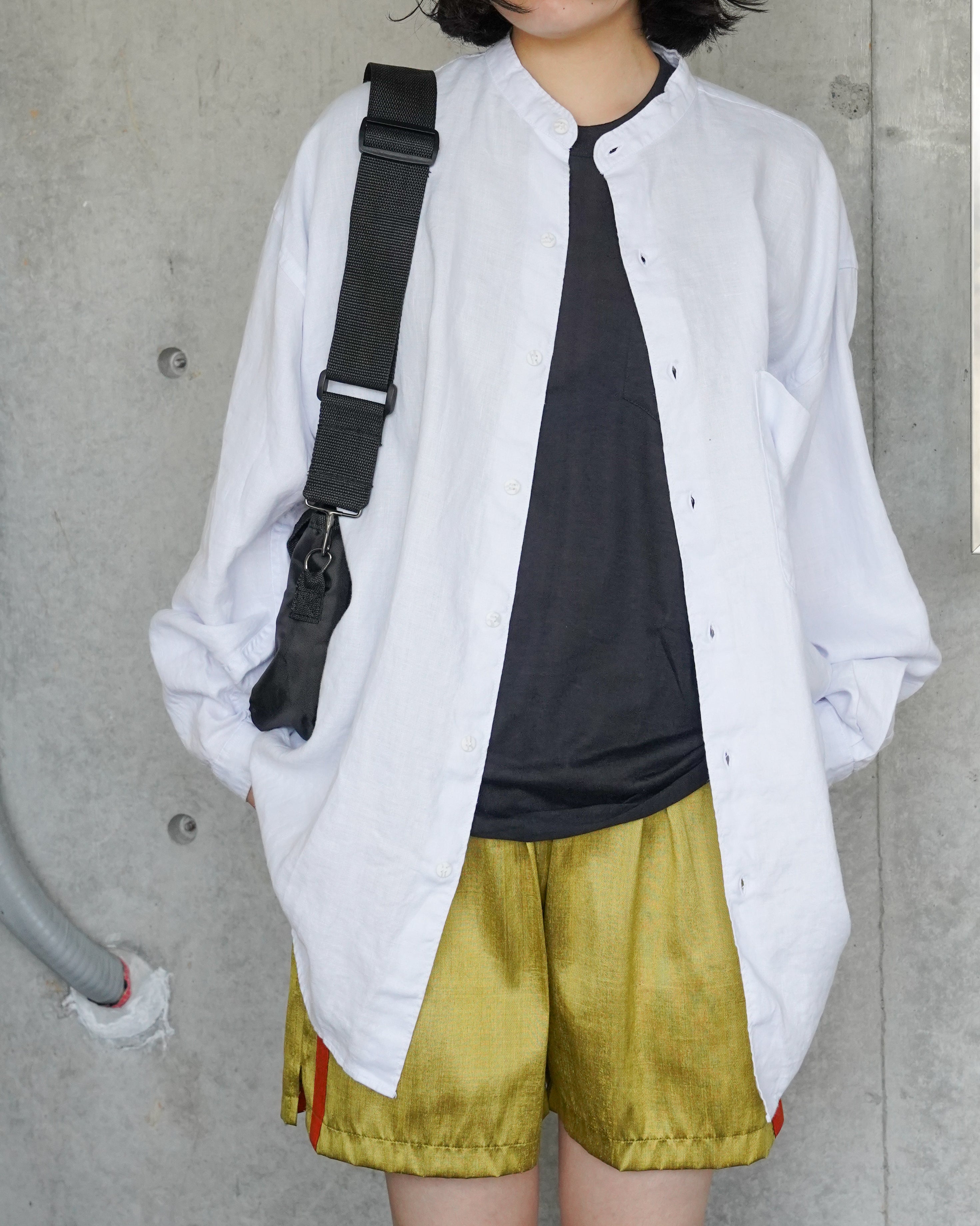 "GOOUCH" 100% Linen Collarless L/S Shirt - White