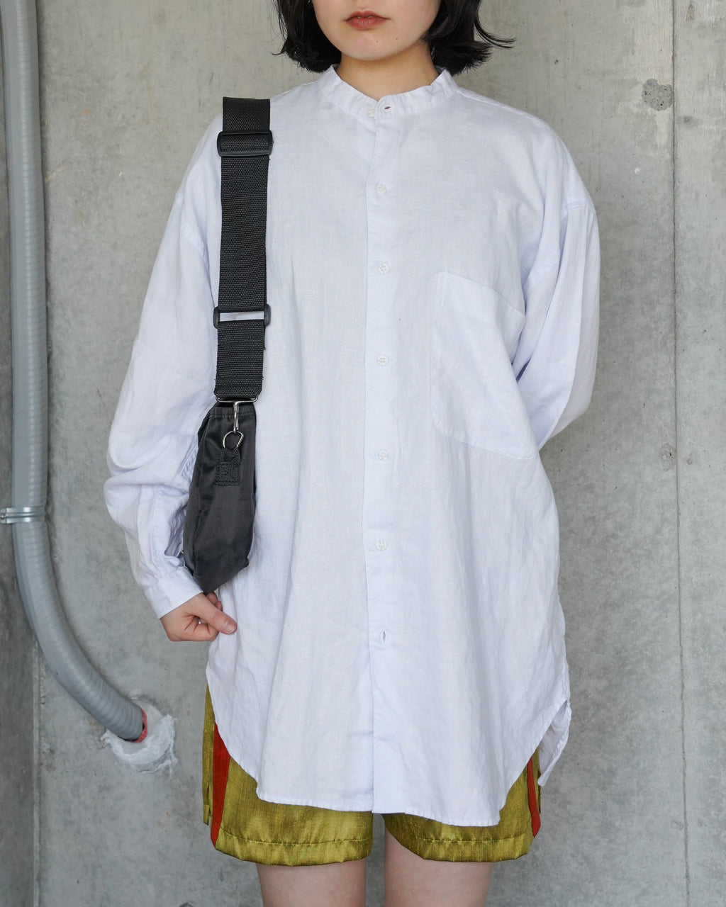 "GOOUCH" 100% Linen Collarless L/S Shirt - White