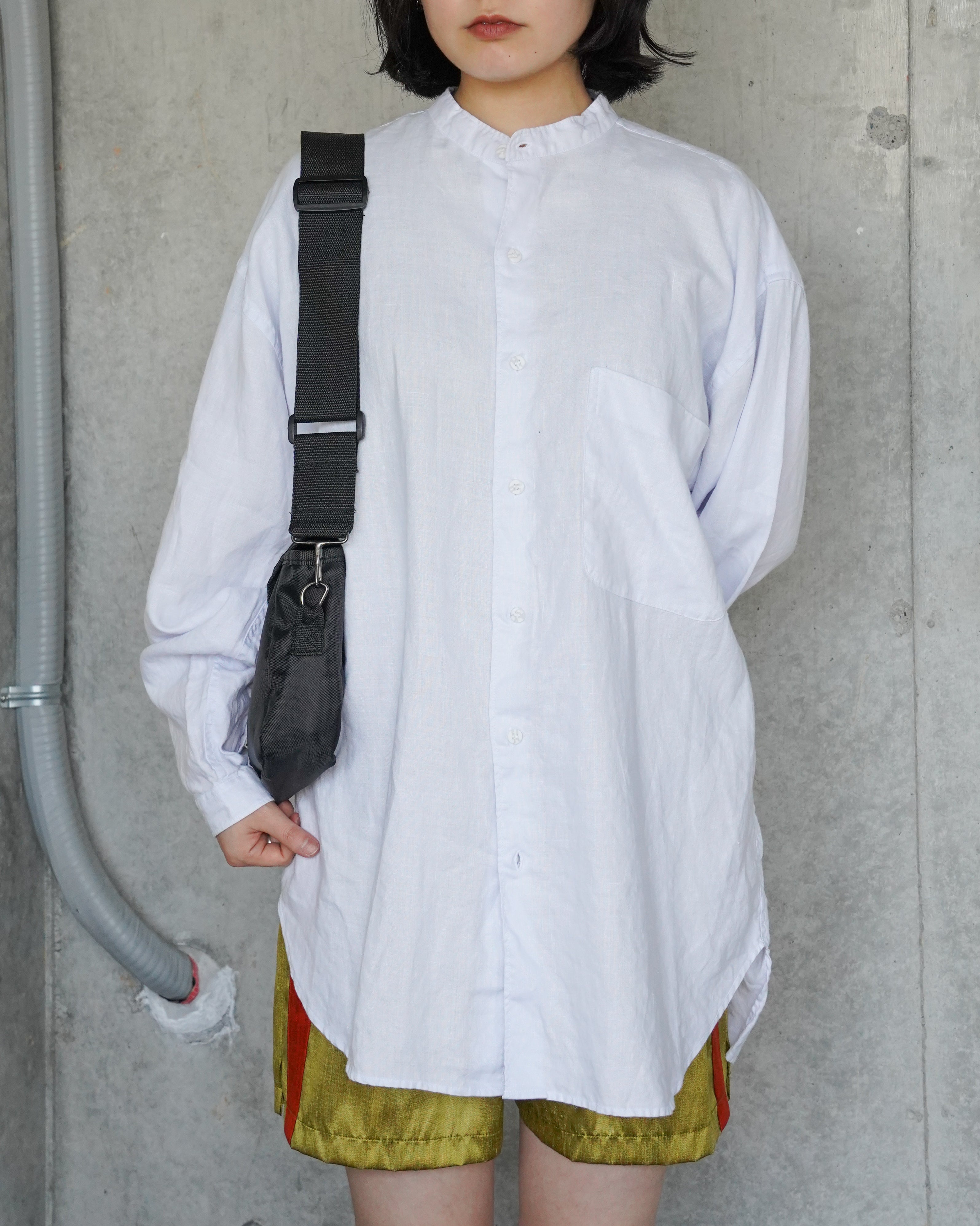 "GOOUCH" 100% Linen Collarless L/S Shirt - White
