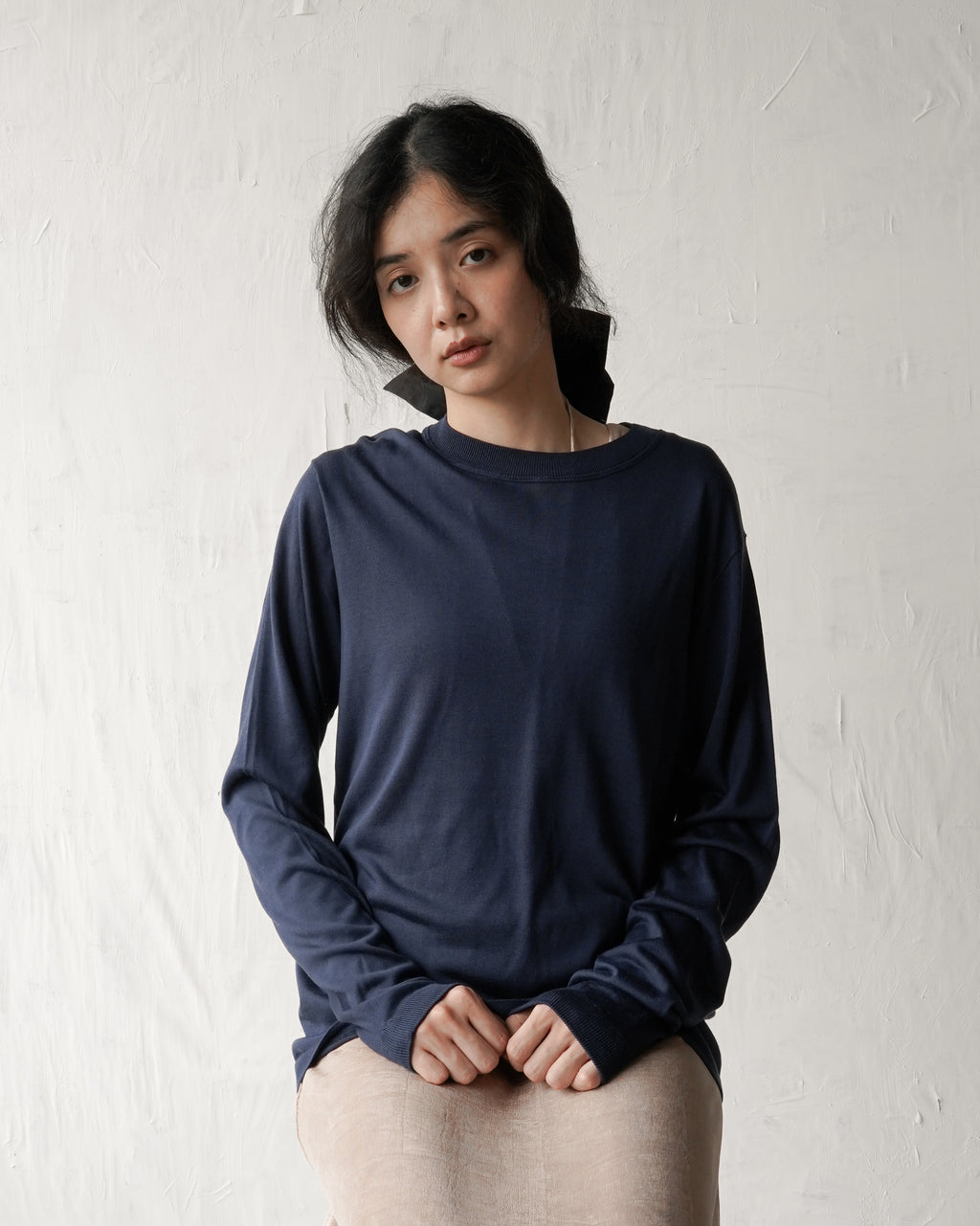 100% Washable Silk Tee L/S - Navy