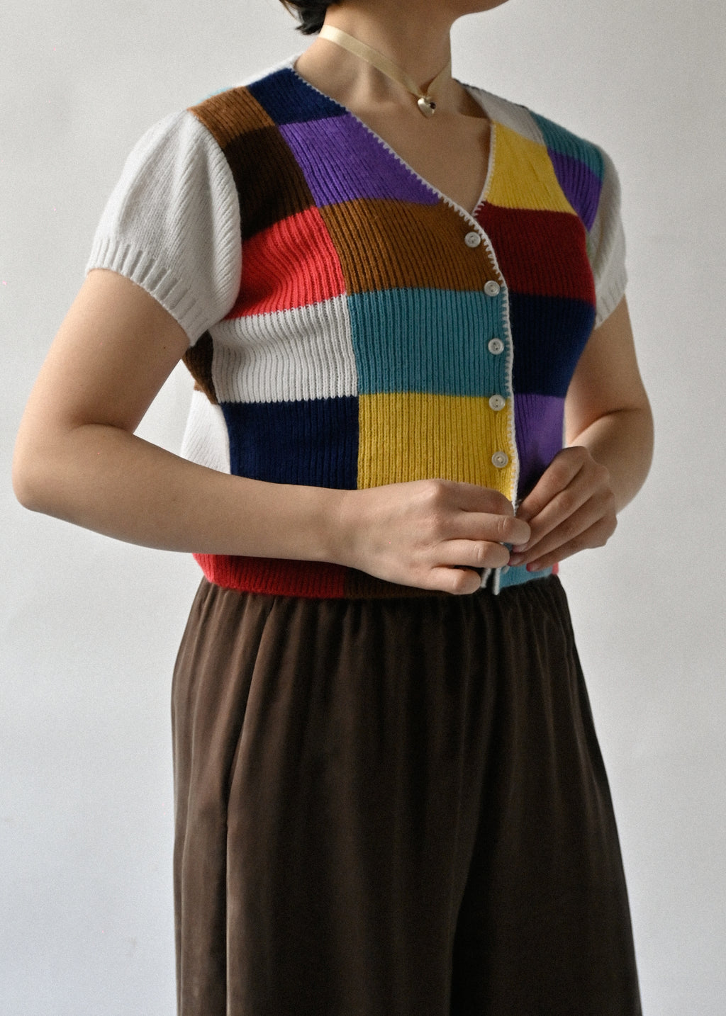 Block Check Cropped S/S Top