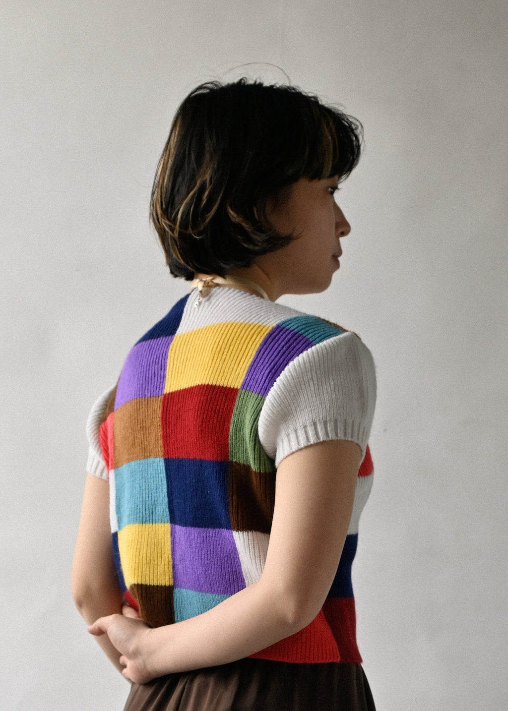 Block Check Cropped S/S Top