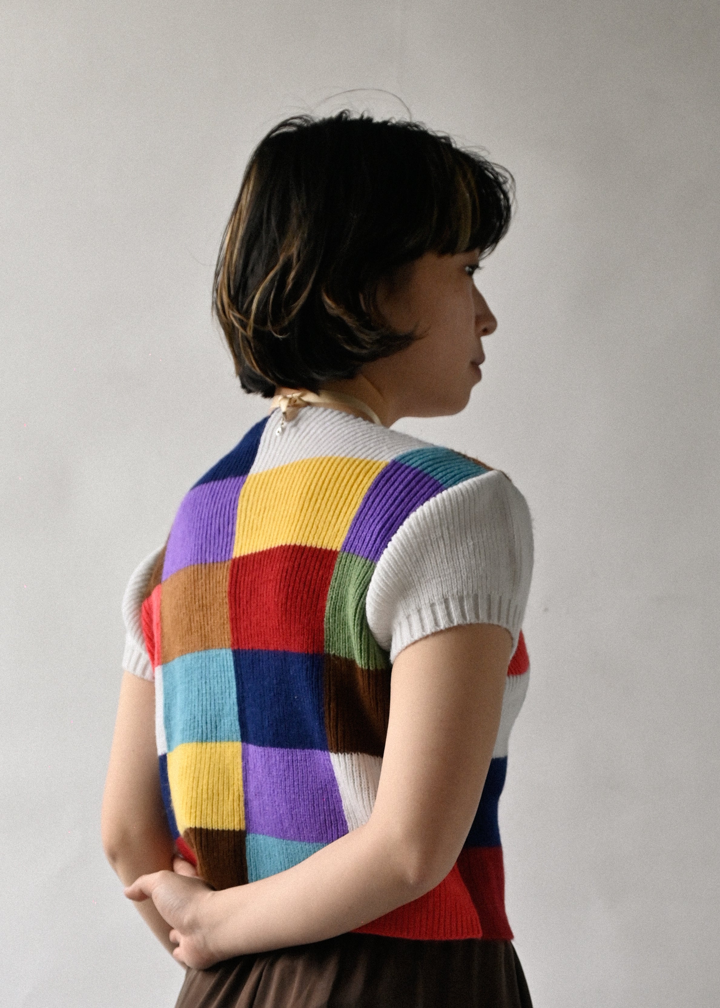 Block Check Cropped S/S Top