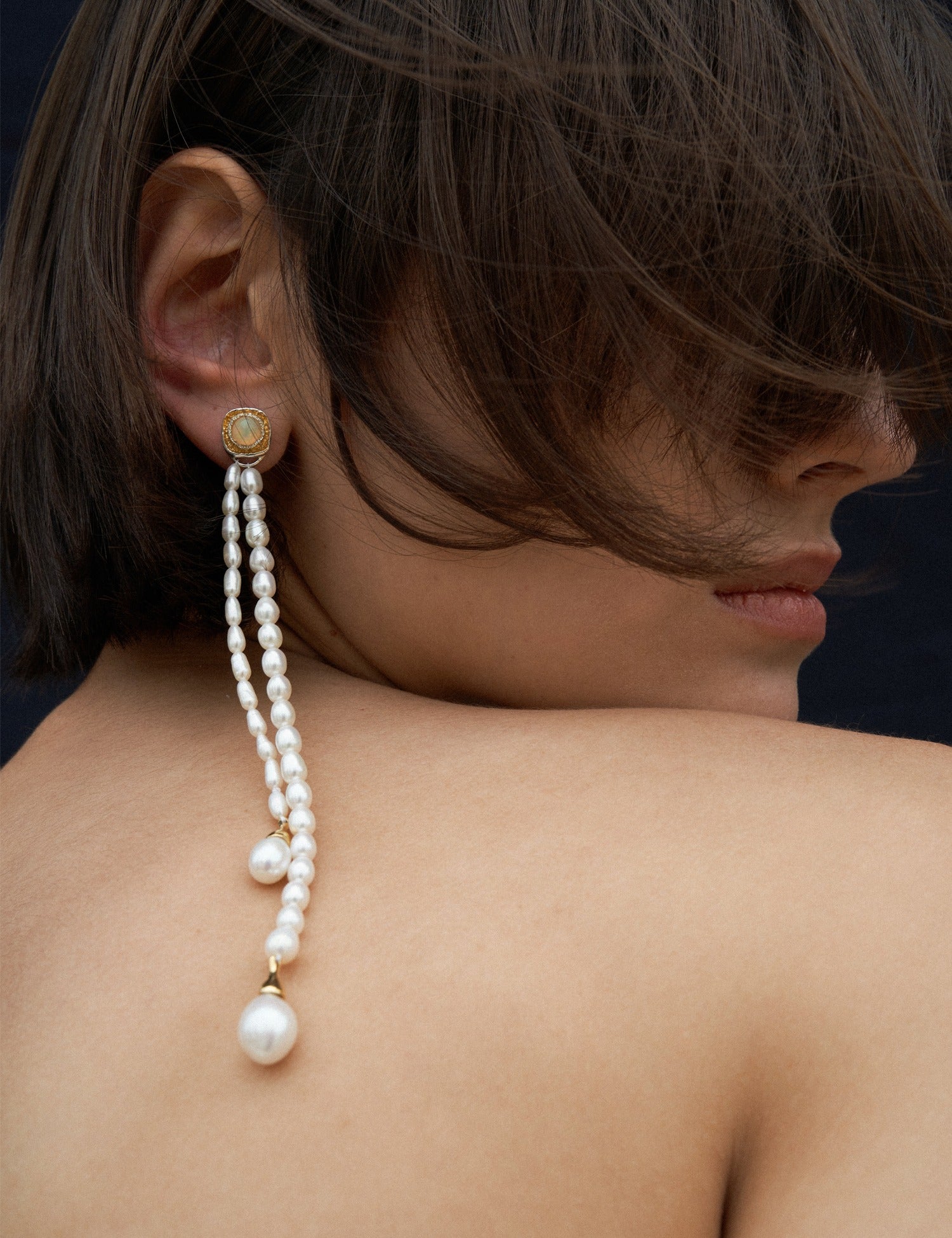 "Isabella Etou" Long Drop Opal & Pearl Single Earring