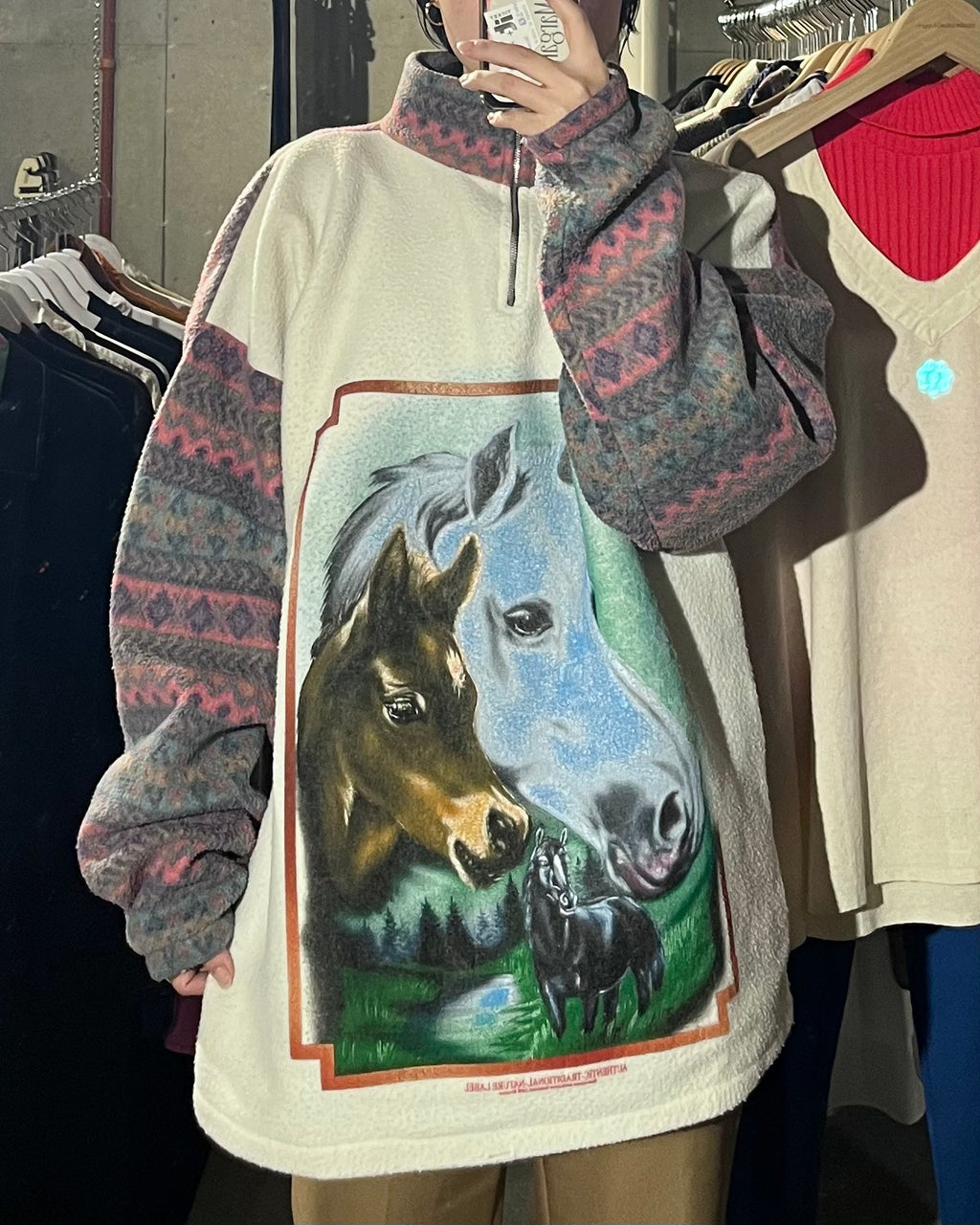 90s Patterned Fleece Zip-Up Pullover