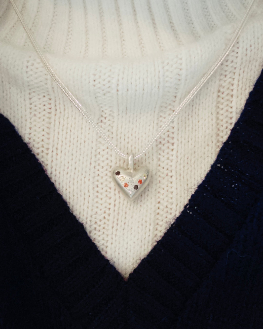 "Dunton Ellerkamp" American Folk Heart Pendant On Chain w/ Dia, Sapphire, Smoky Quartz