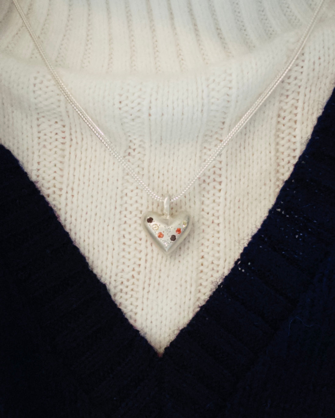 "Dunton Ellerkamp" American Folk Heart Pendant On Chain w/ Dia, Sapphire, Smoky Quartz