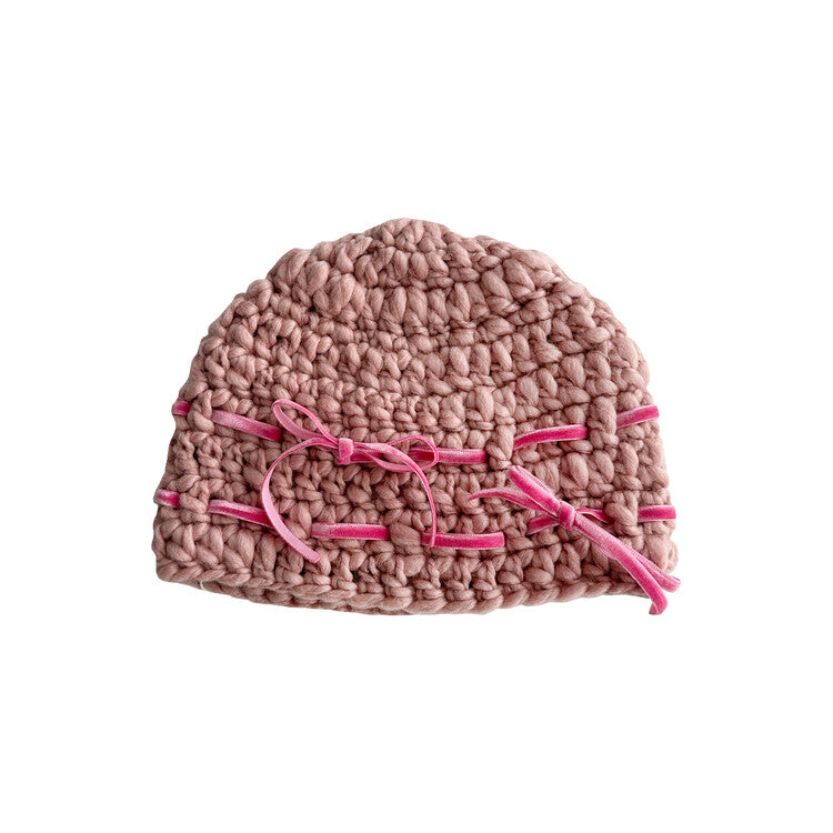 "CROCHEANT"Short Ribbon Beanie - Pink